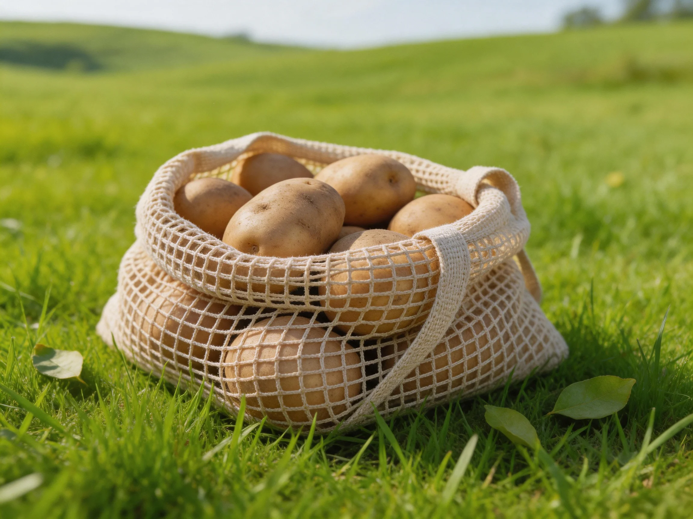A mesh bag filled with brown potatoes on lush green grass