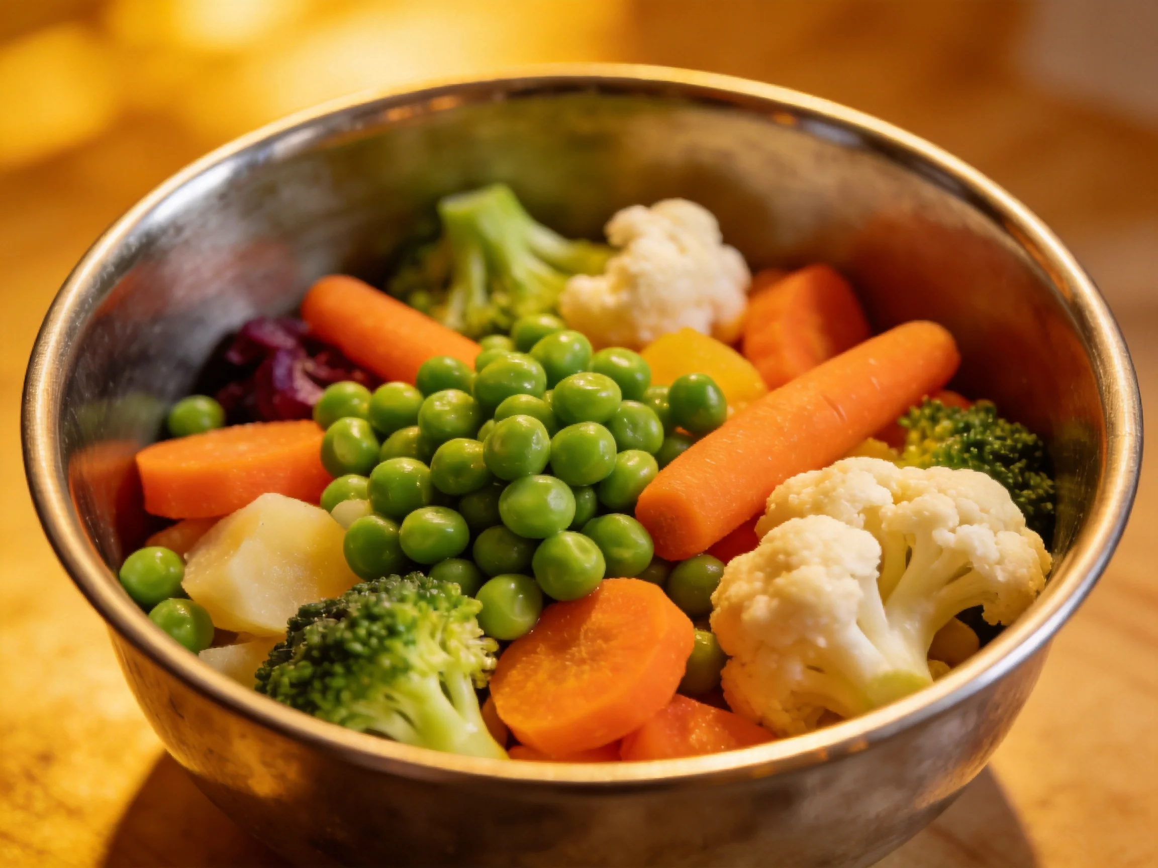 A metal bowl contains assorted vegetables with vibrant colors and varied textures