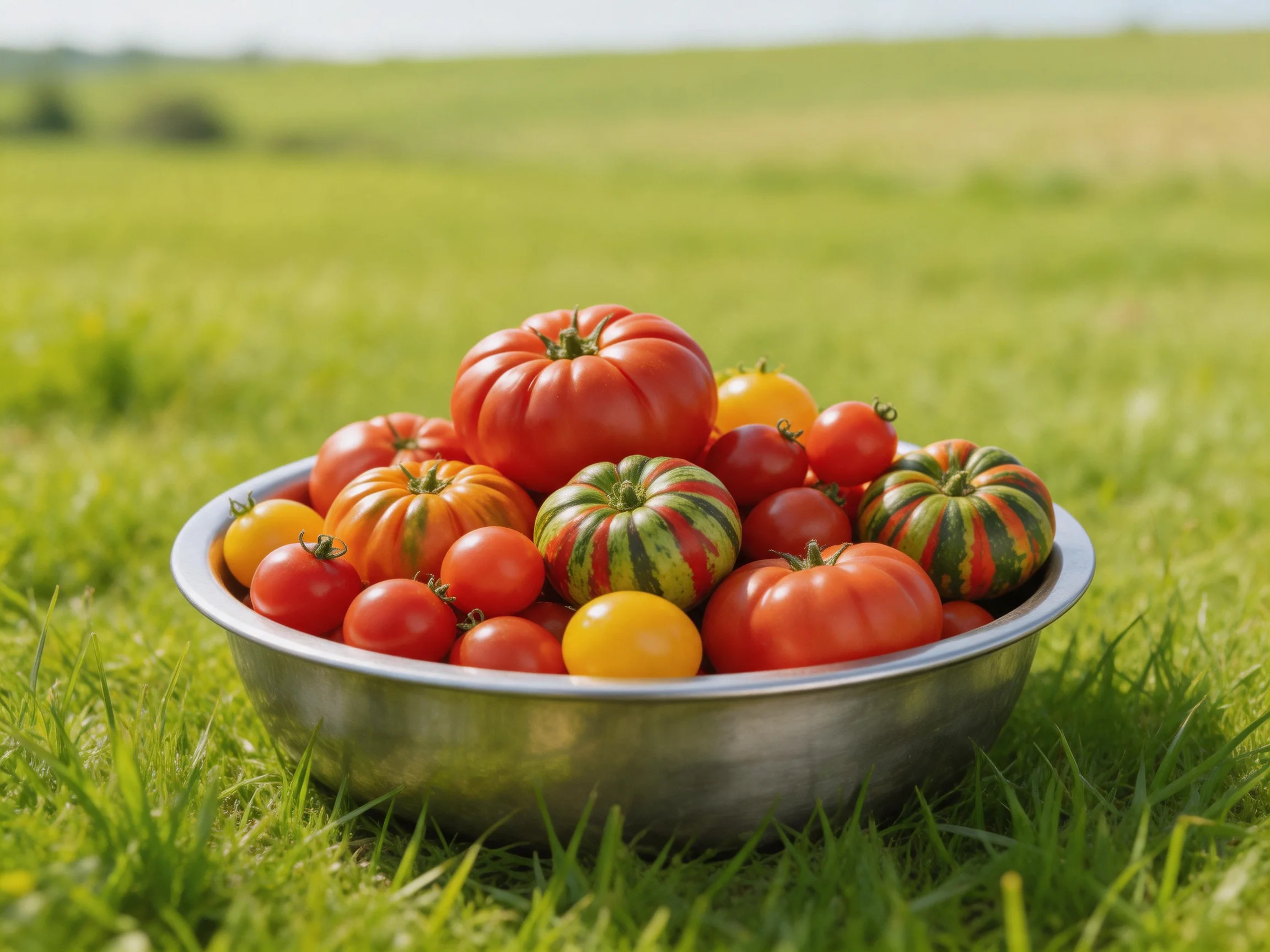 A metal bowl filled with colorful heirloom tomatoes rests on lush green grass