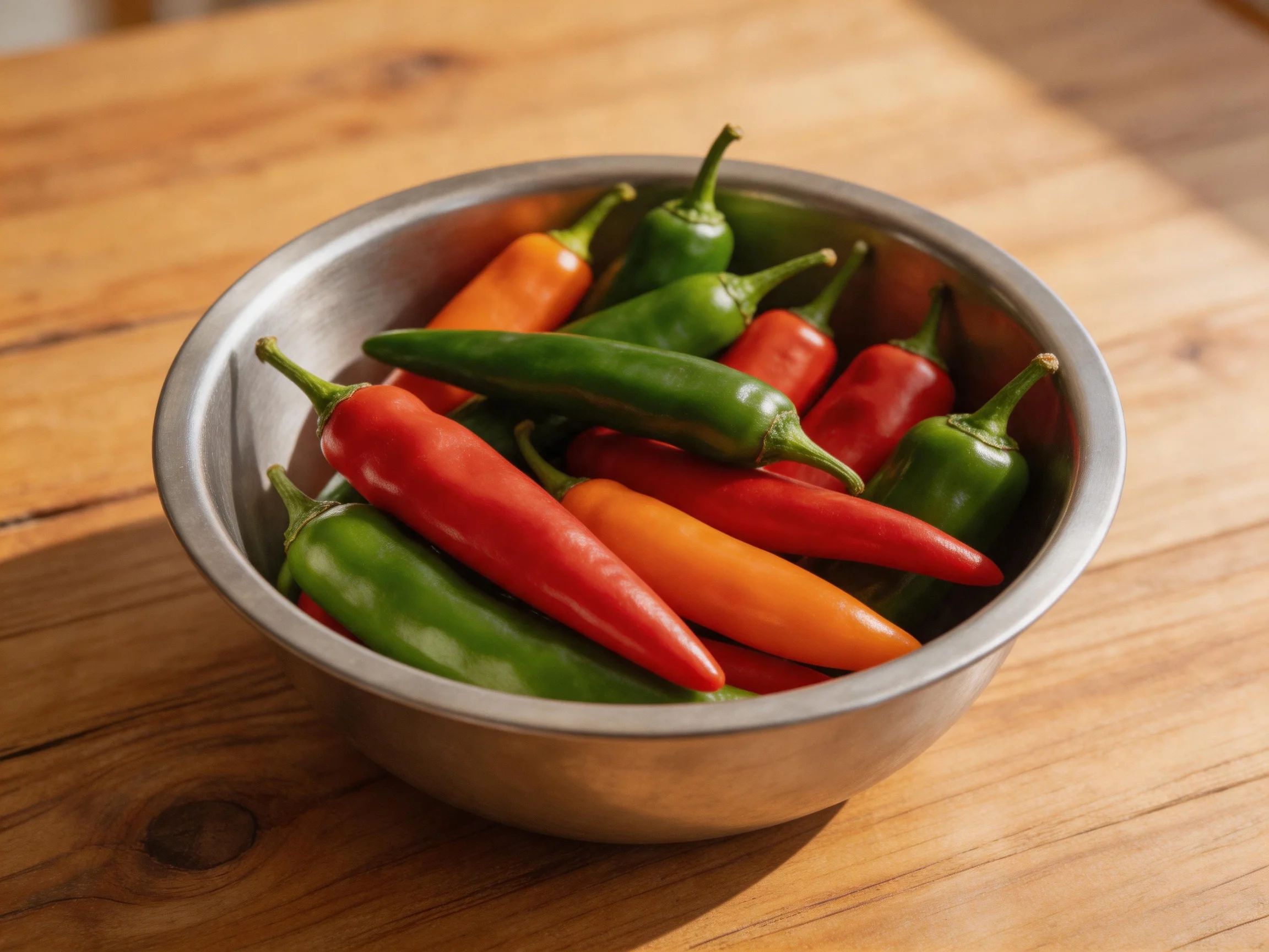 A metal bowl filled with multicolored chili peppers on a wooden table
