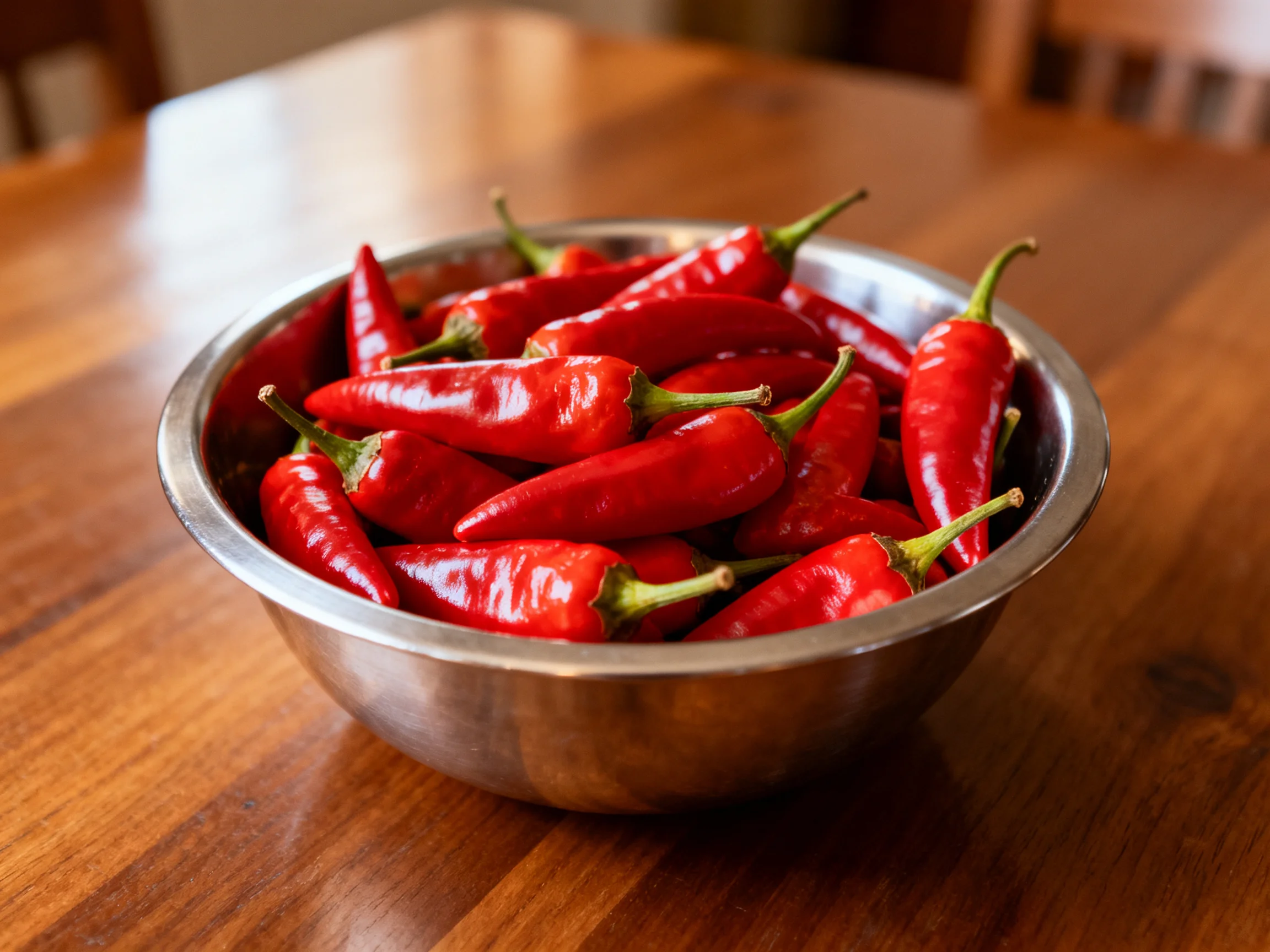A metal bowl filled with vibrant red chili peppers on a wooden table