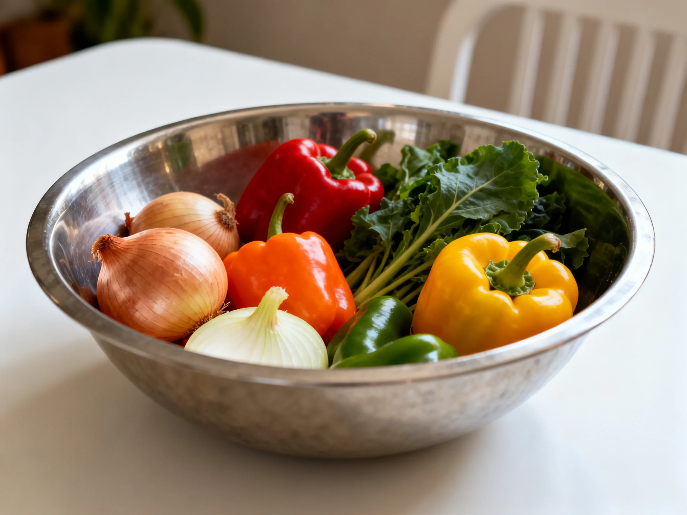 A metal bowl holds vibrant peppers, onions, and leafy greens