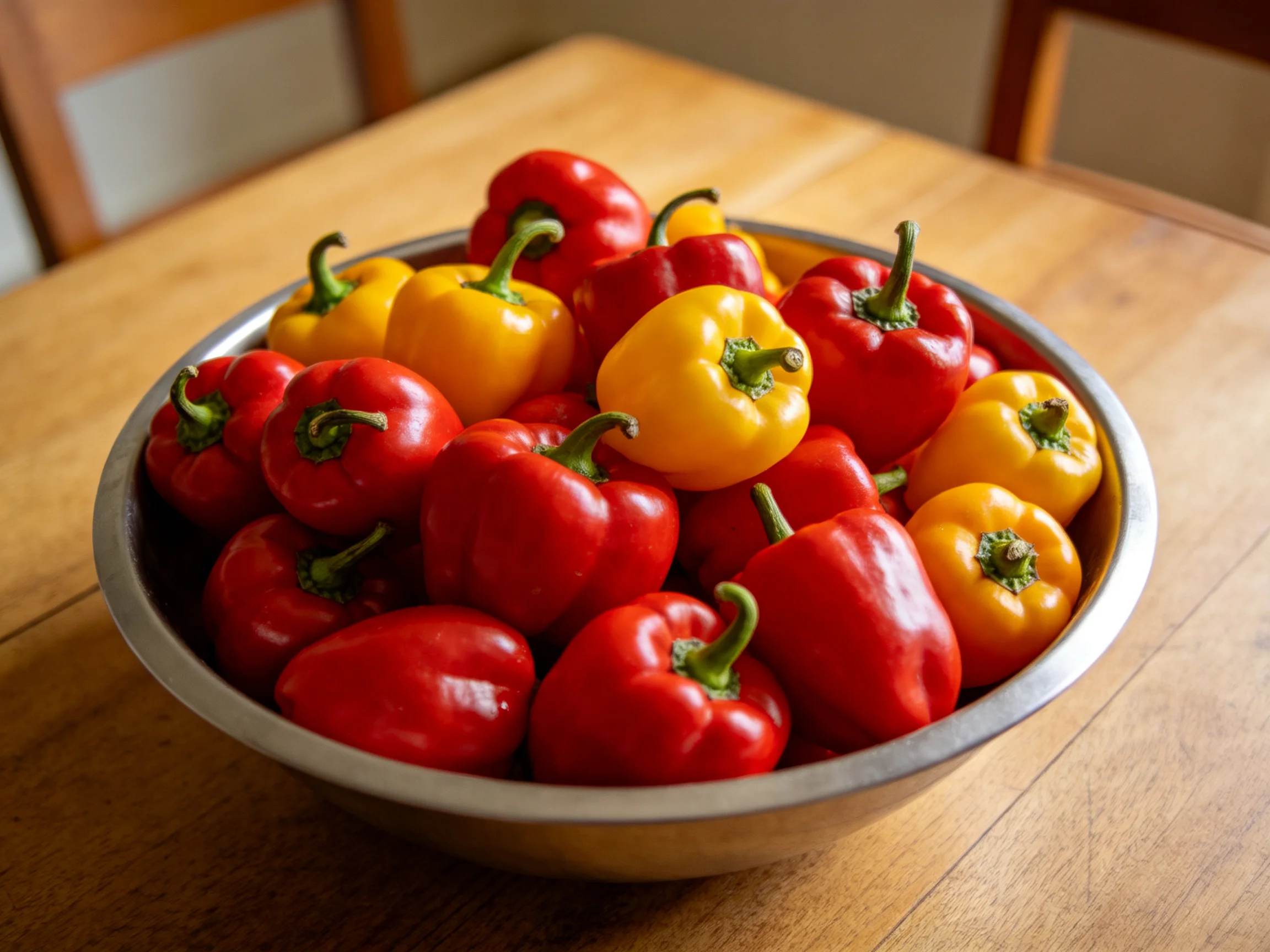 A metal bowl overflowing with red and yellow bell peppers