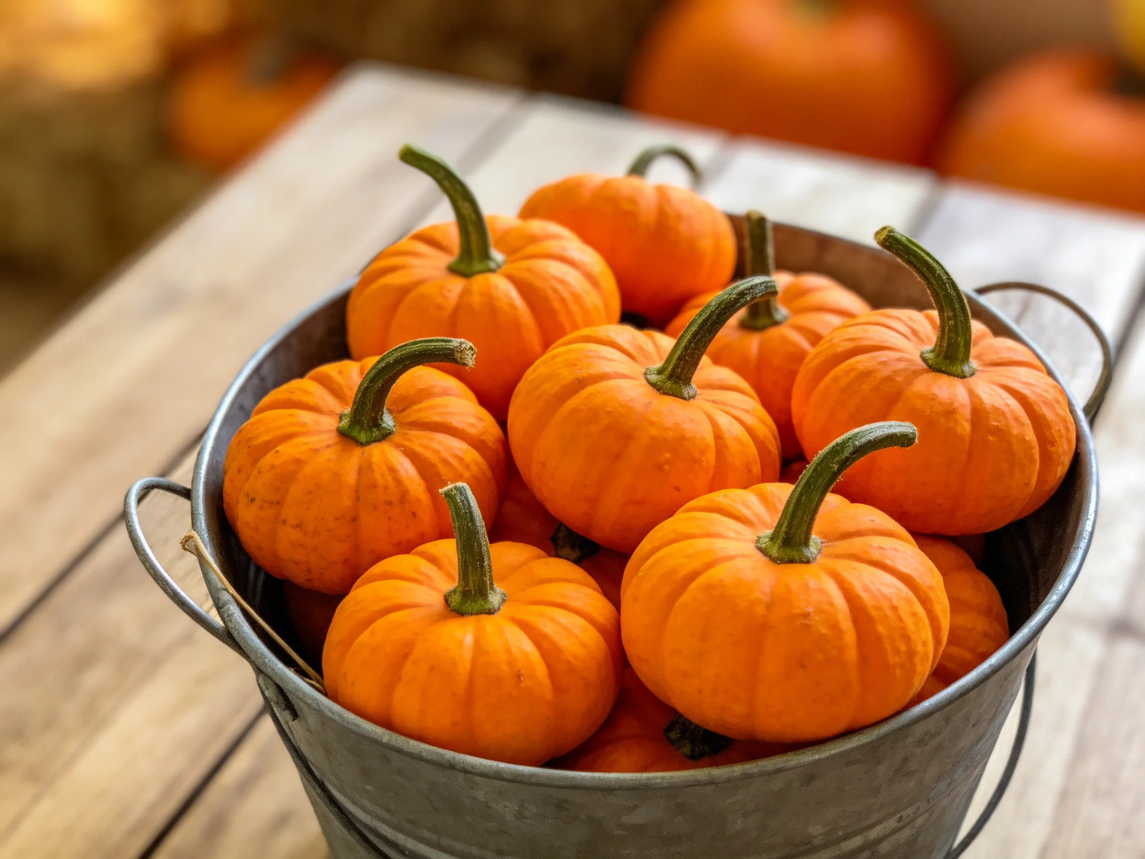 A metal bucket filled with bright orange mini pumpkins on a wooden table