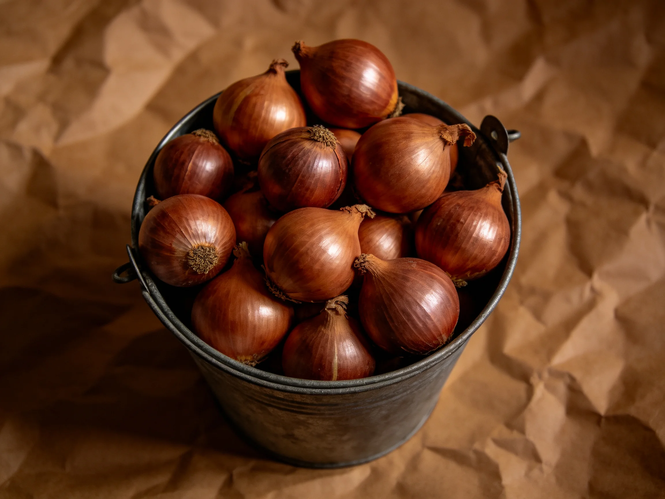A metal bucket holds brown onions on crumpled brown paper