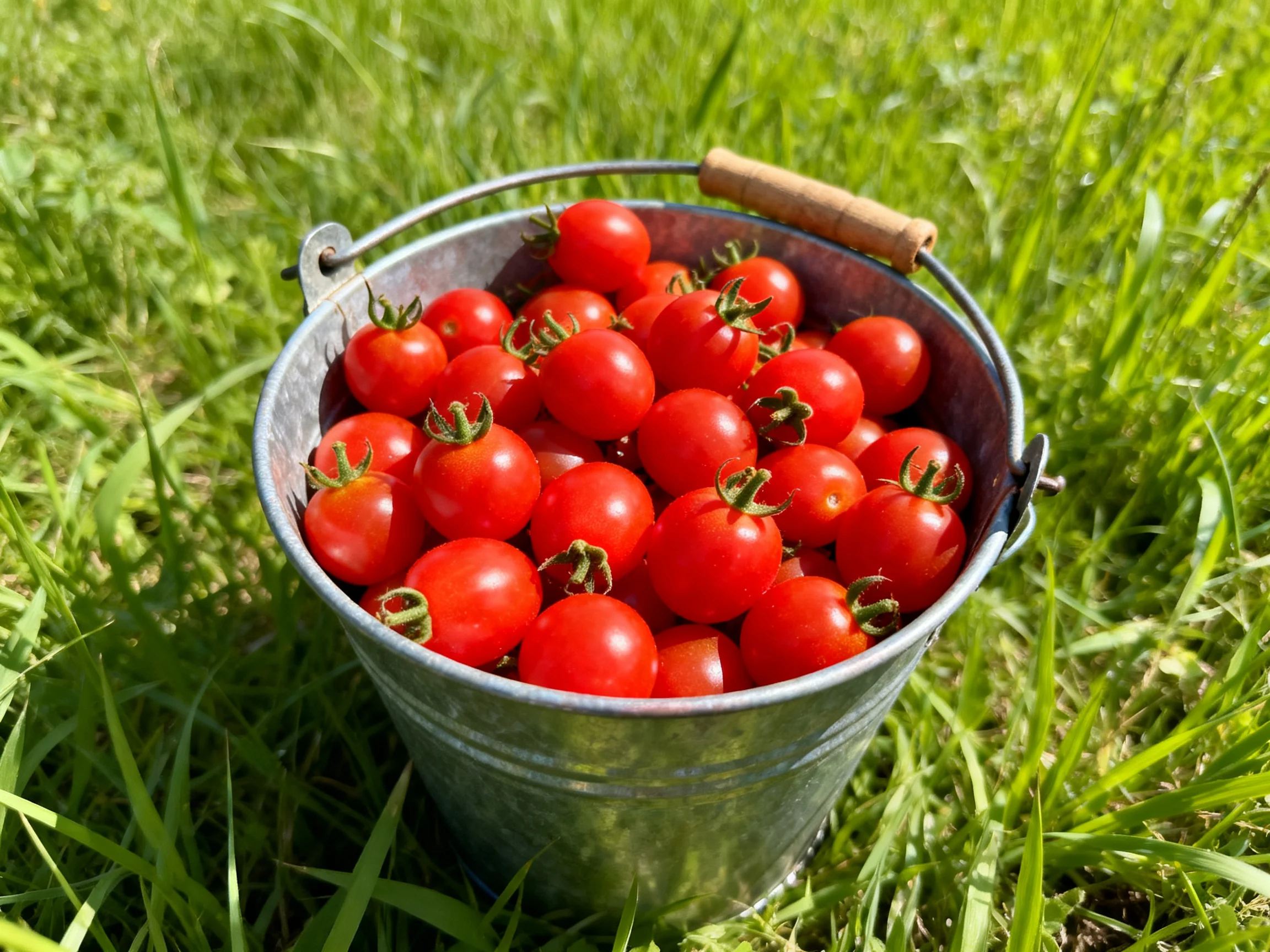 A metal bucket overflowing with vibrant red cherry tomatoes on lush green grass