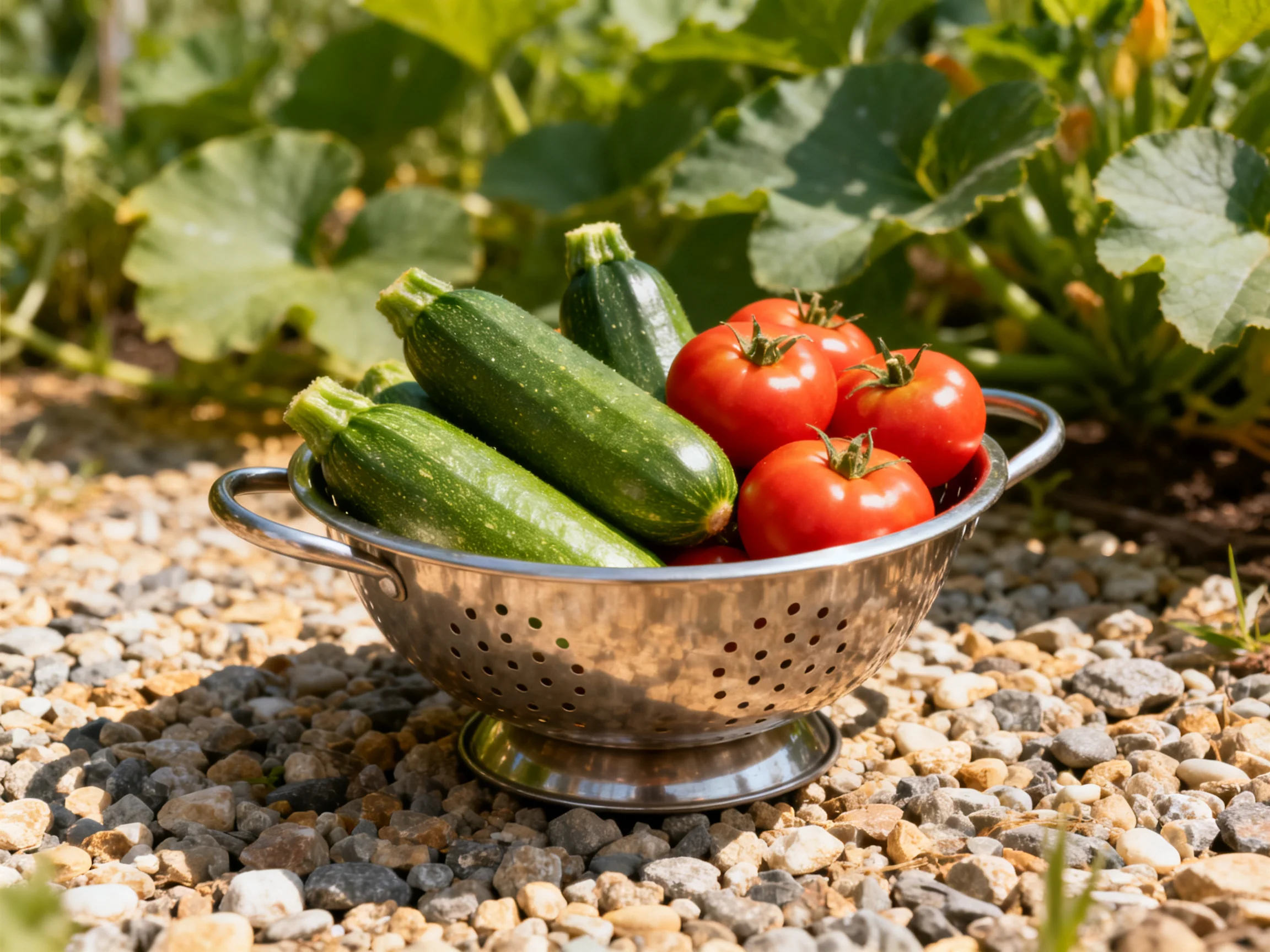 A metal colander contains fresh zucchinis and tomatoes beside leafy green plants