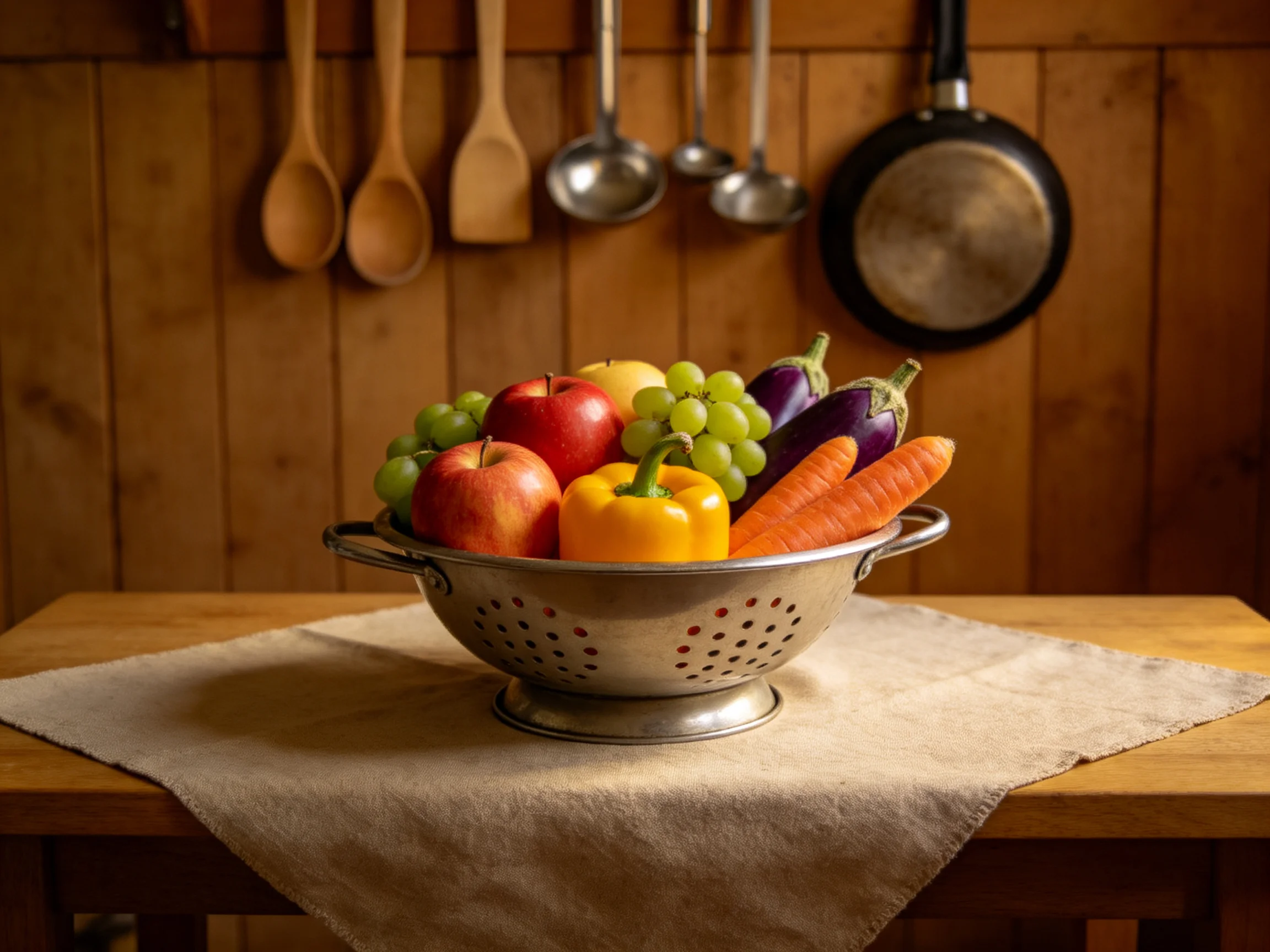 A metal colander holds assorted colorful fruits and vegetables on a wooden table.