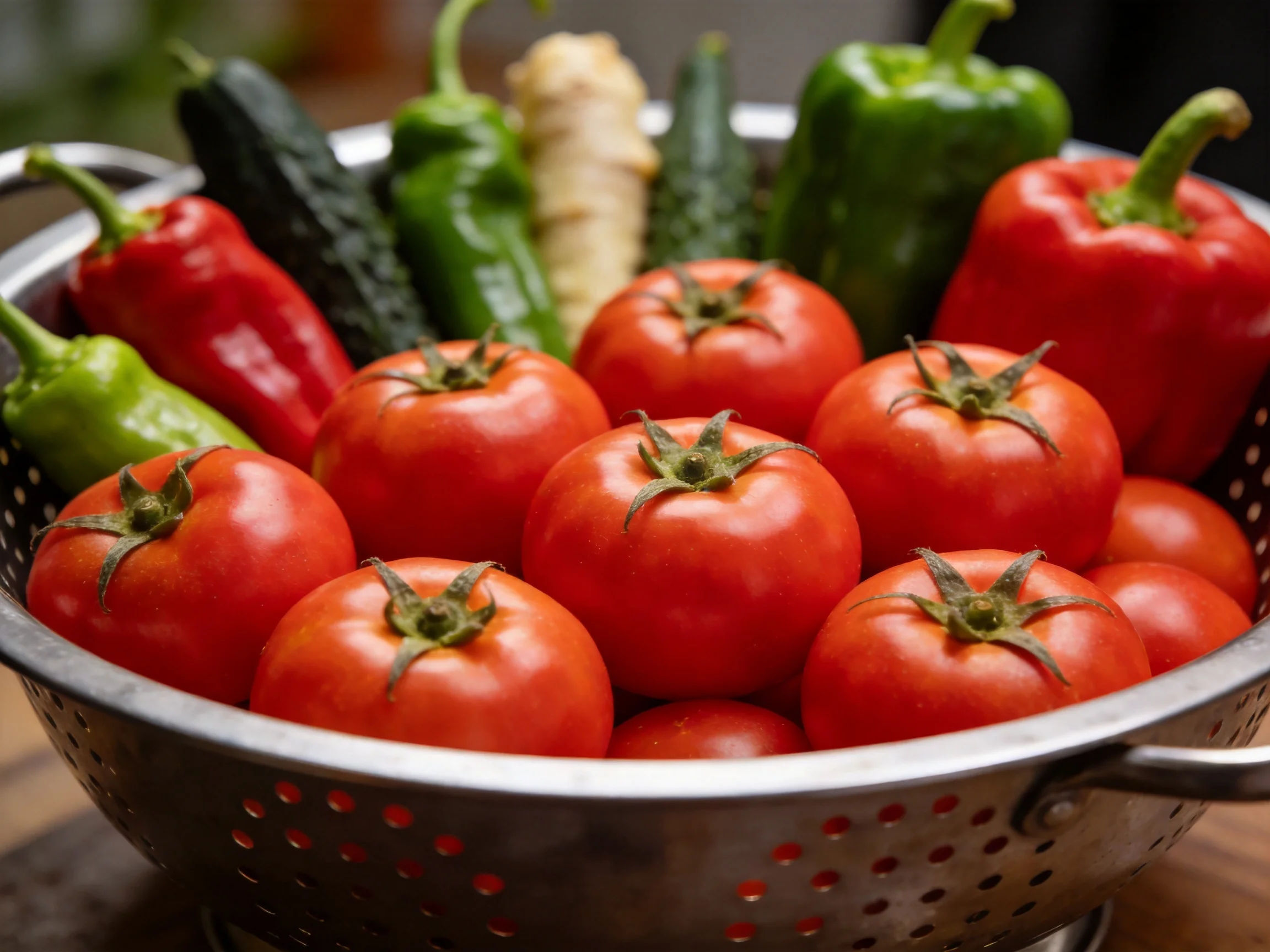 A metal colander overflowing with bright red tomatoes, red and green bell peppers, and dark cucumbers