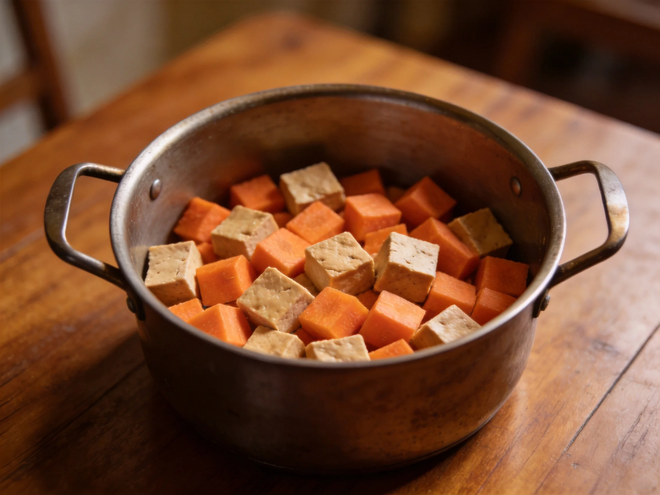 A metal pot holding orange sweet potato and beige tofu cubes
