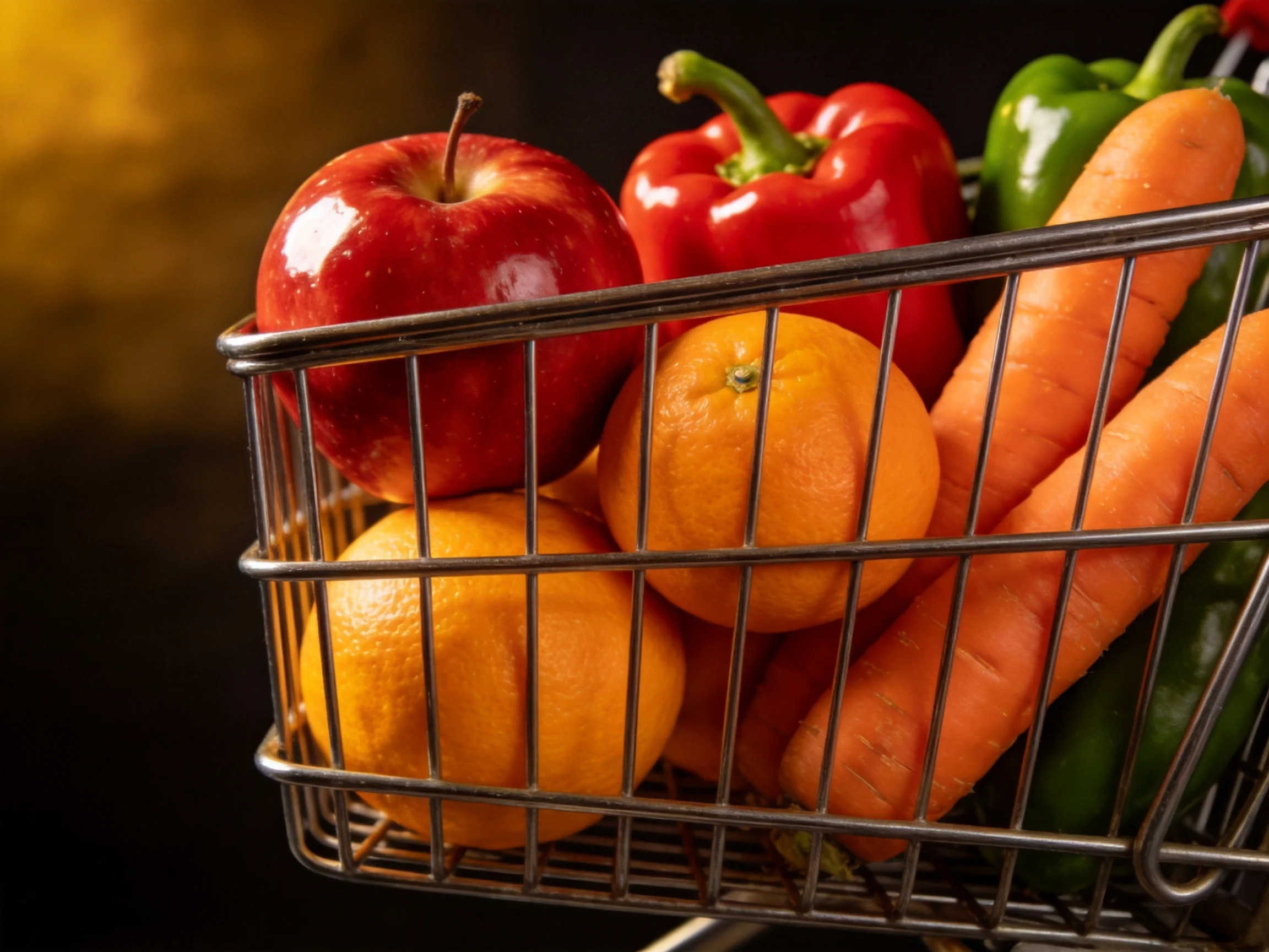 A metal shopping cart holds vibrant fruits and veggies including an apple, oranges, bell peppers, and