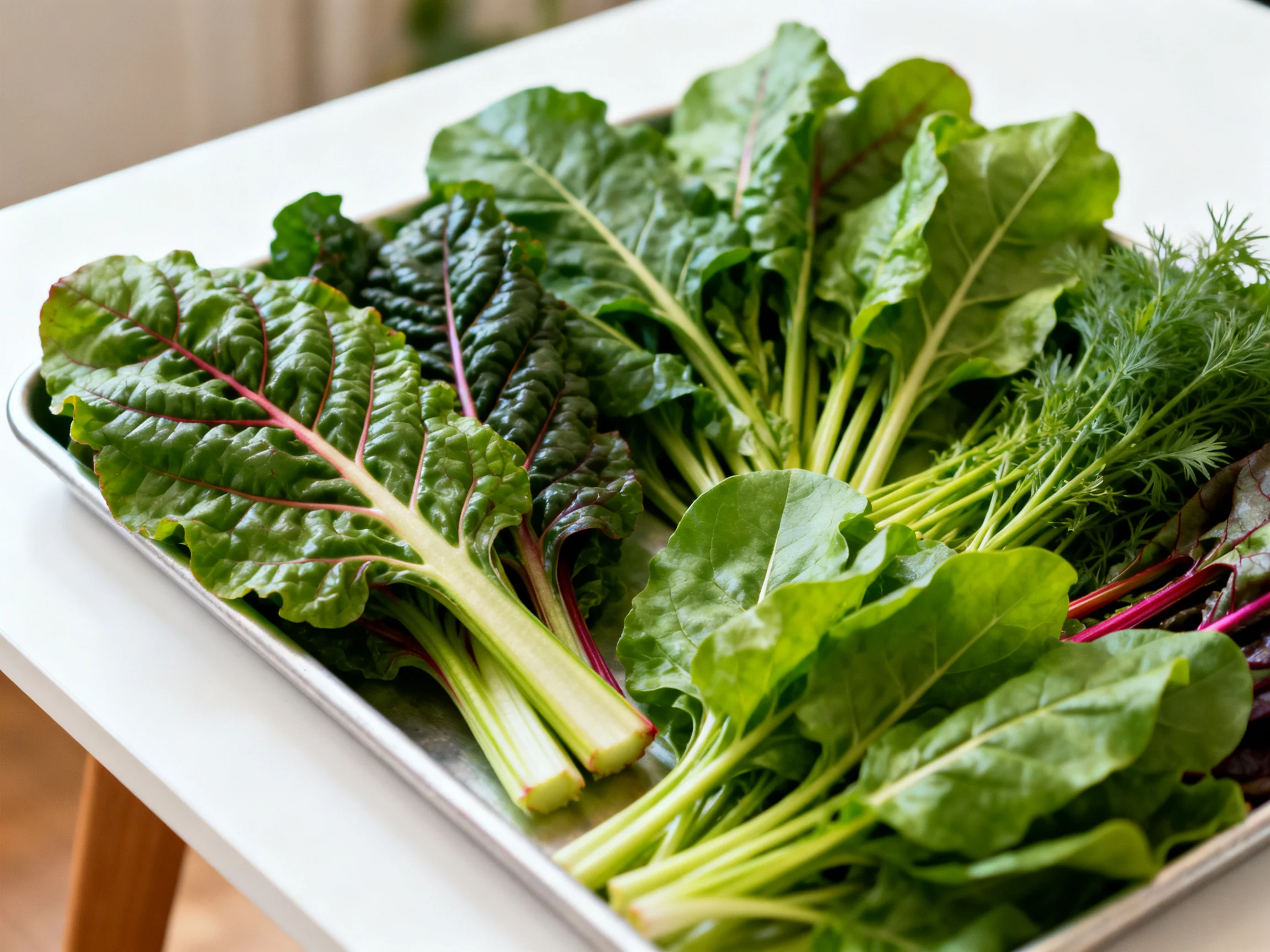 A metal tray holding assorted fresh leafy greens like chard and dill