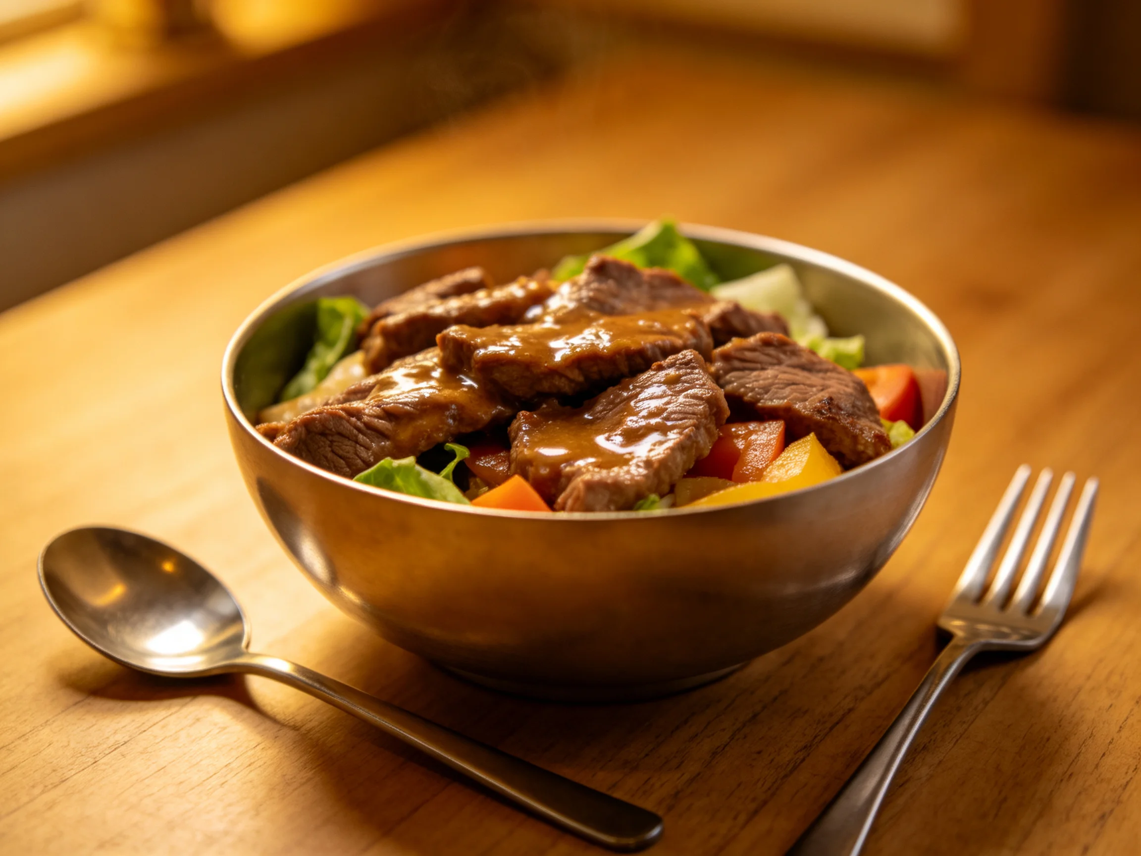 A metallic bowl holds a savory beef and vegetable dish with glossy sauce