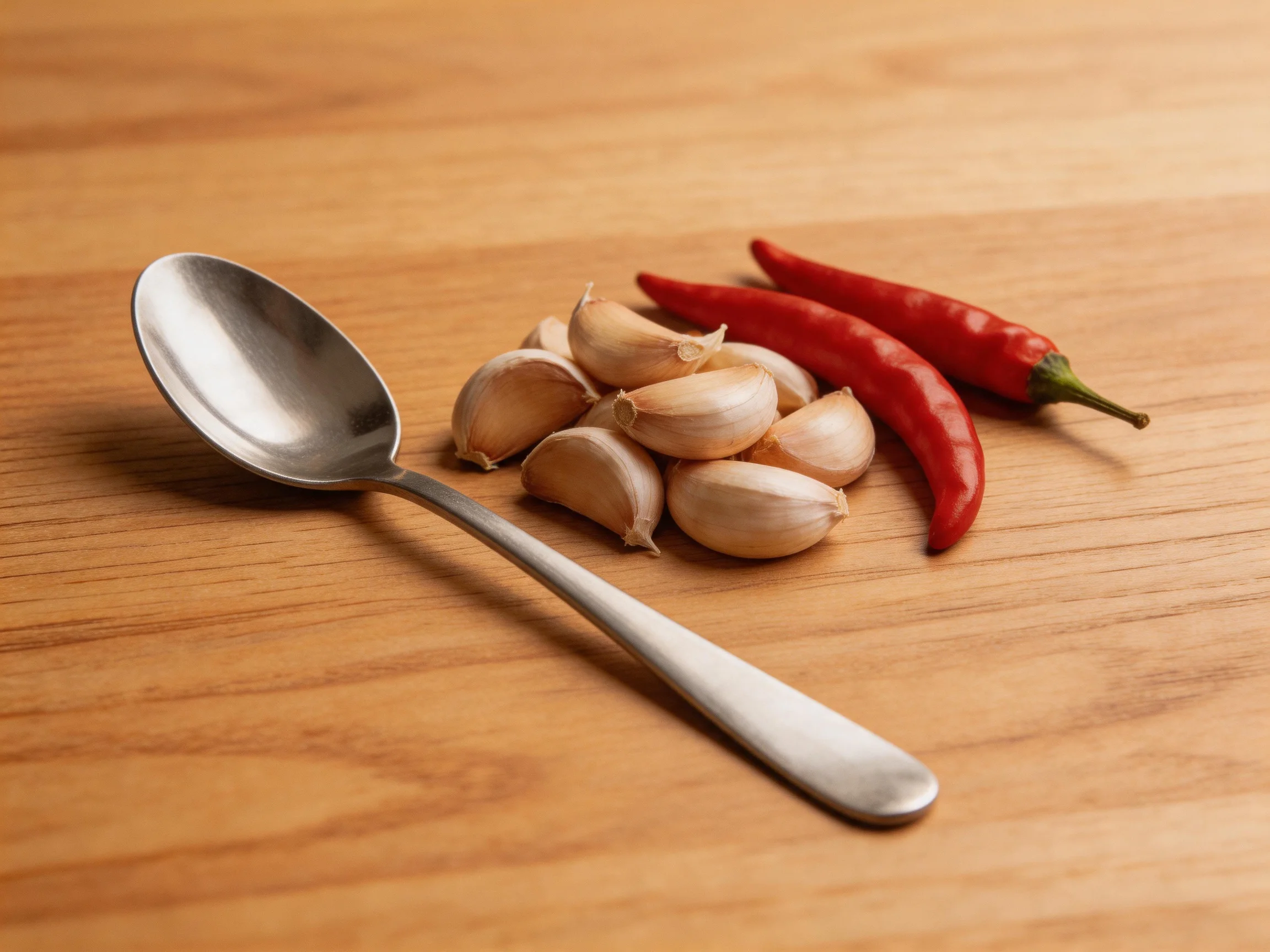 A metallic spoon near garlic cloves and two red chili peppers on wood