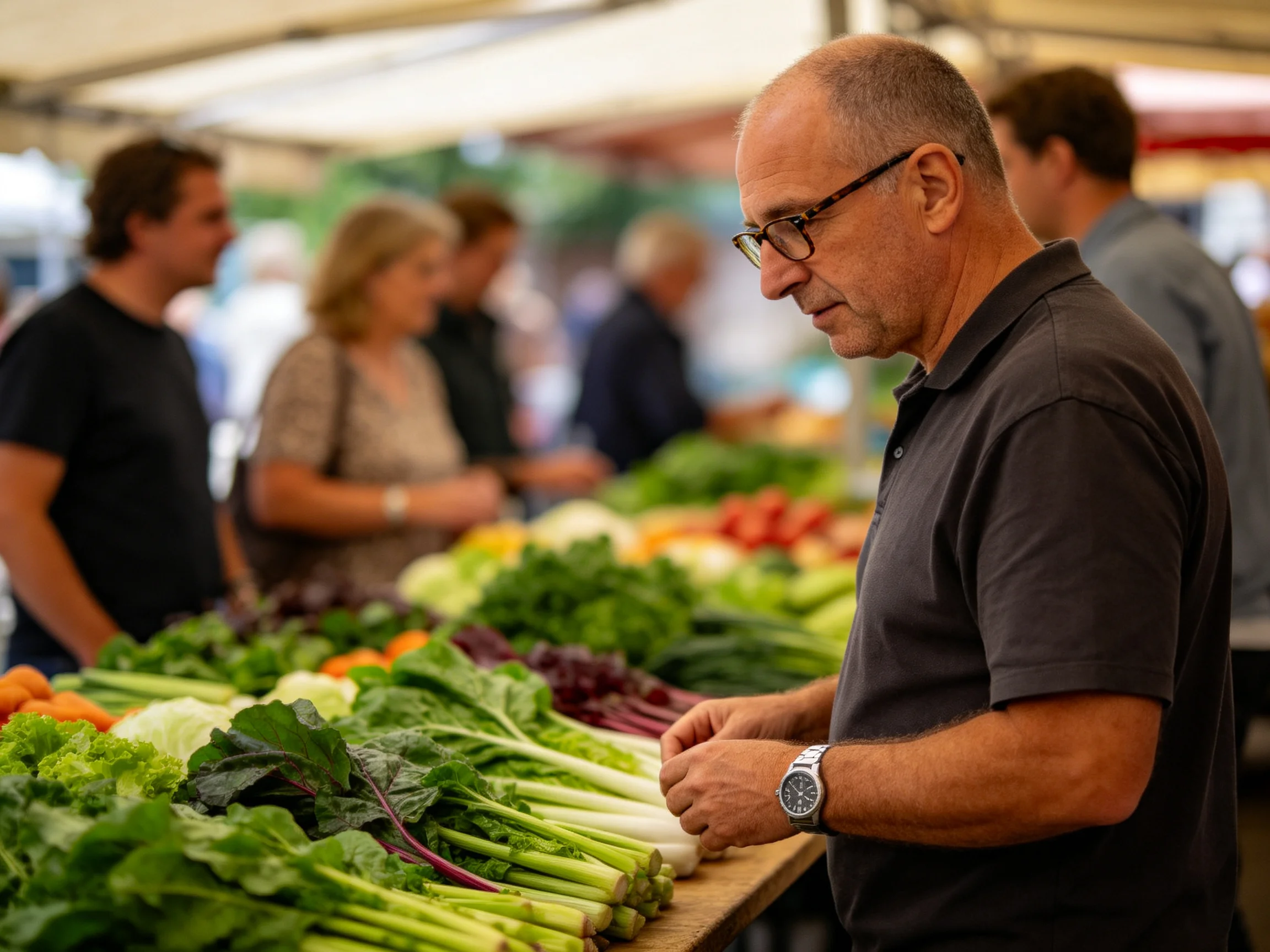 A middle-aged man examining fresh vegetables at an outdoor farmers market