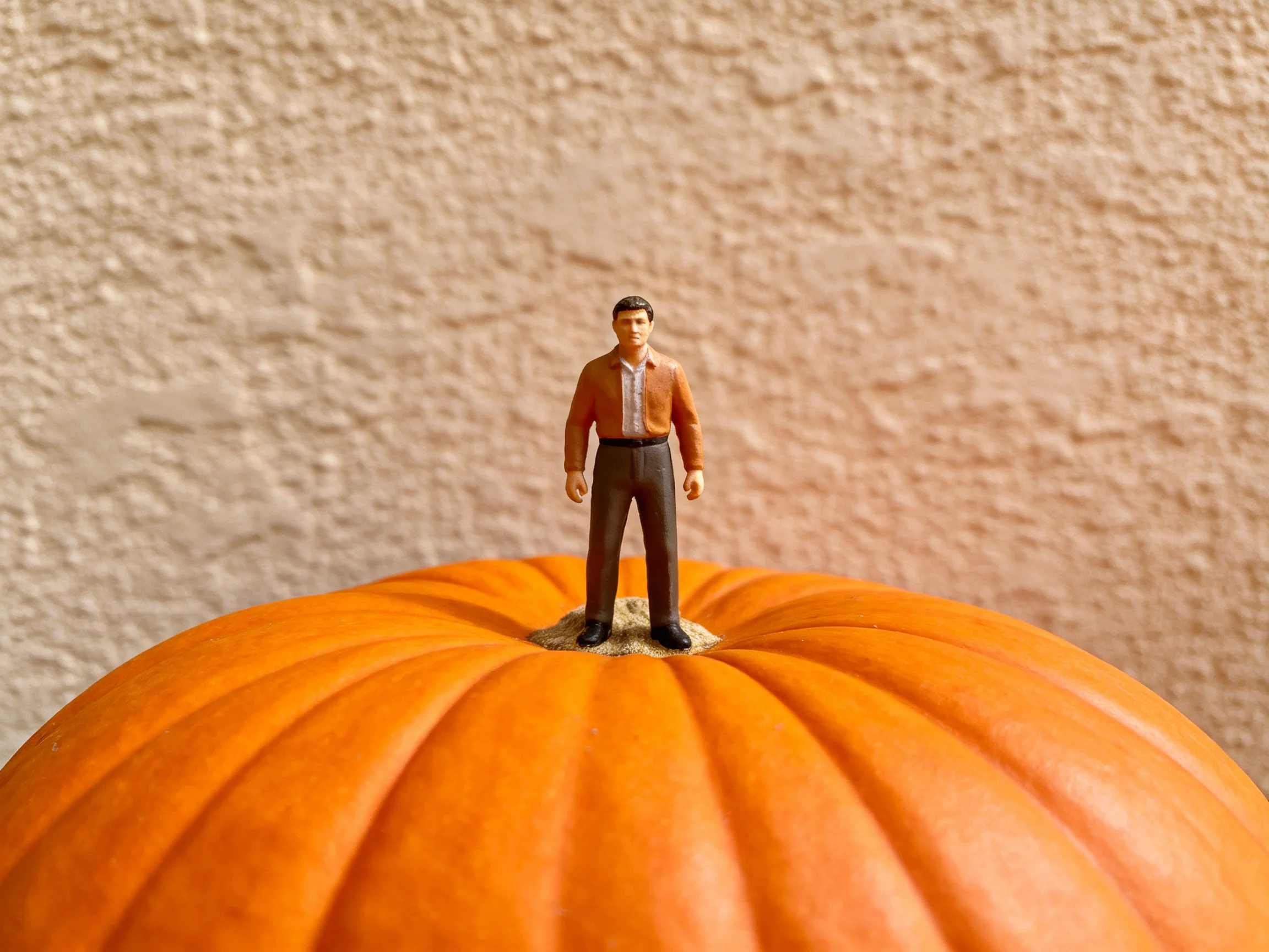 A miniature man figurine stands atop a large orange pumpkin against atextured wall