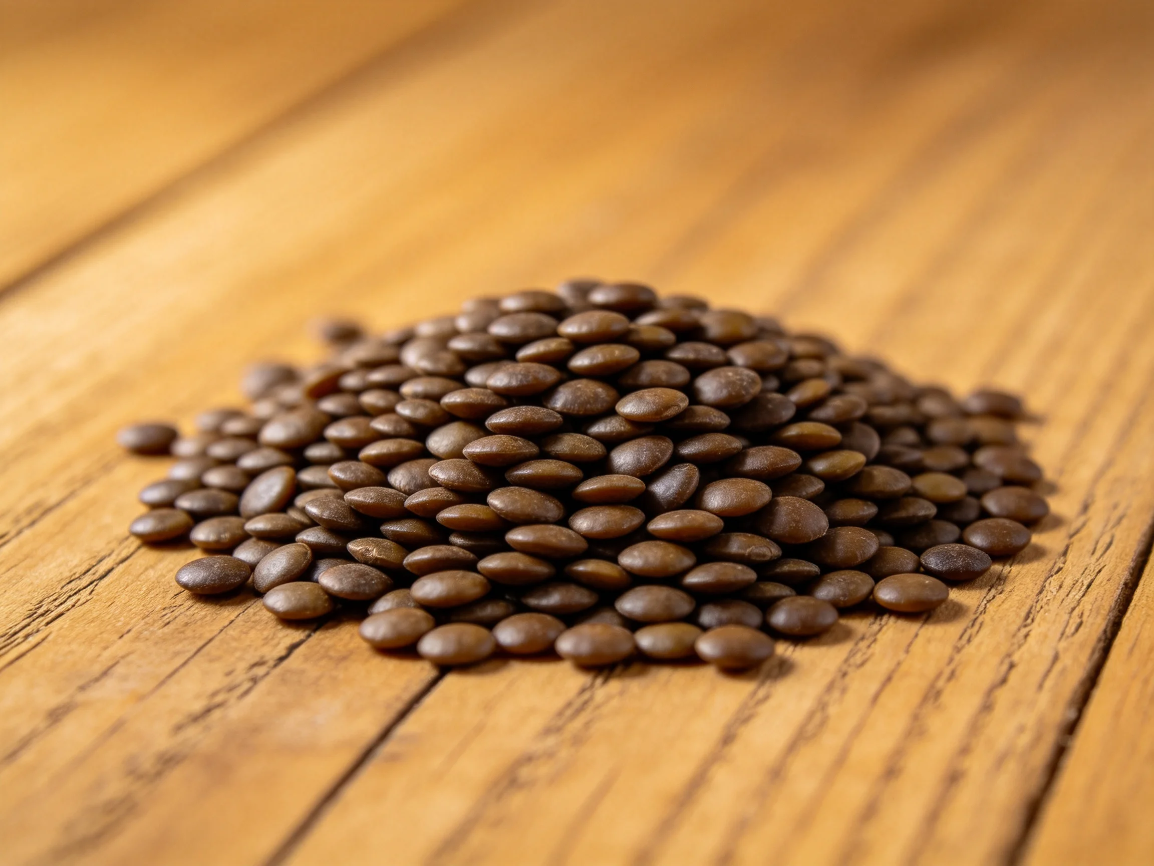 A mound of dark brown lentils arranged on a rustic wooden table
