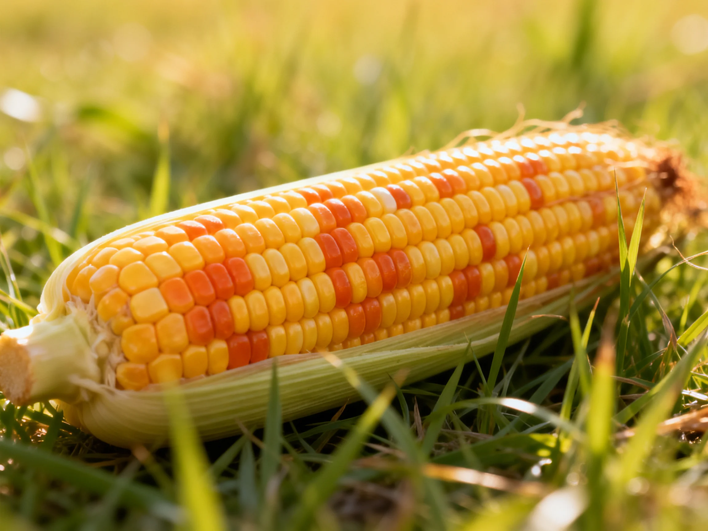A multicolored ear of corn lies on lush green grass