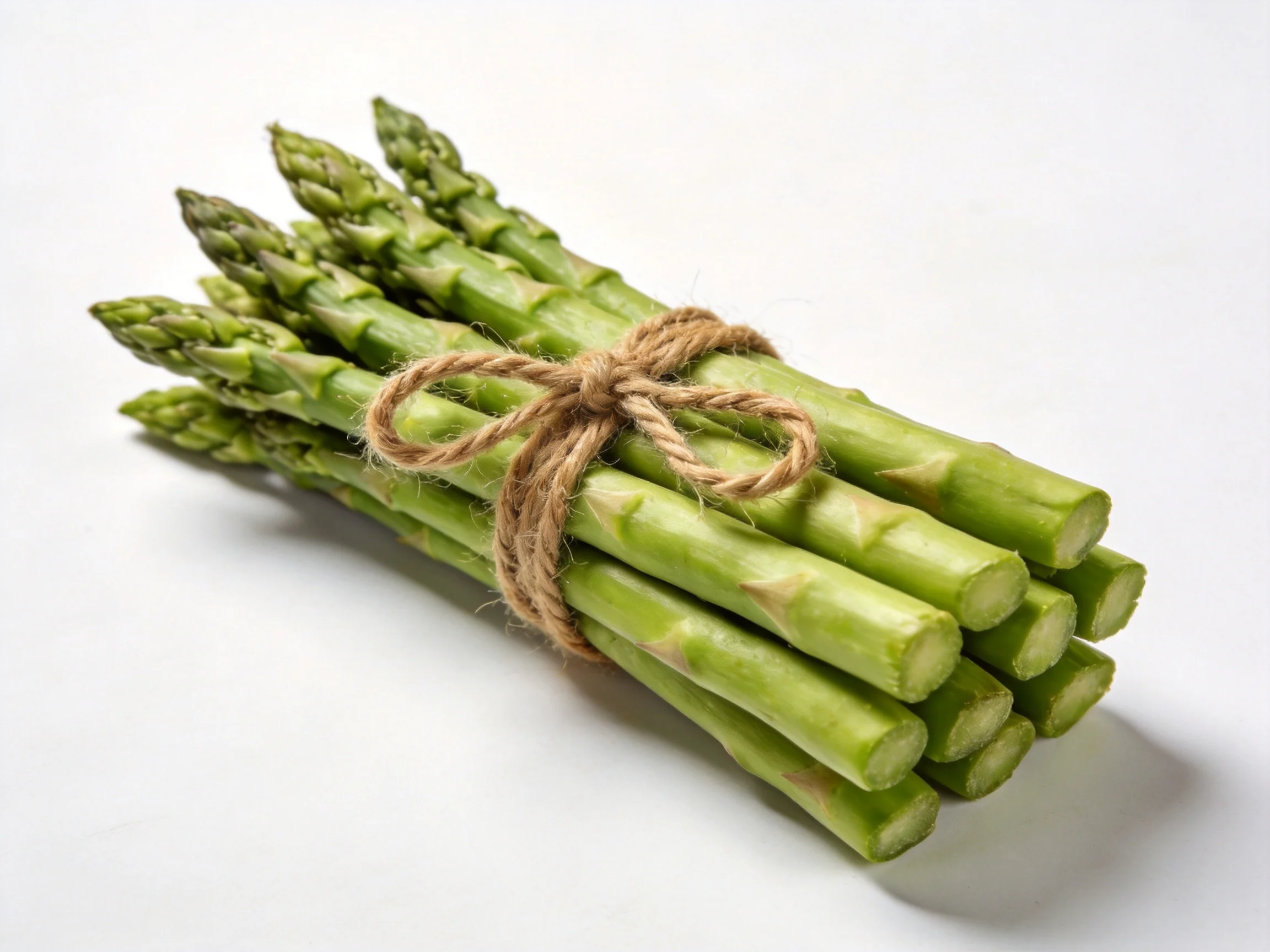 A neatly bundled bunch of fresh green asparagus tied with natural twine