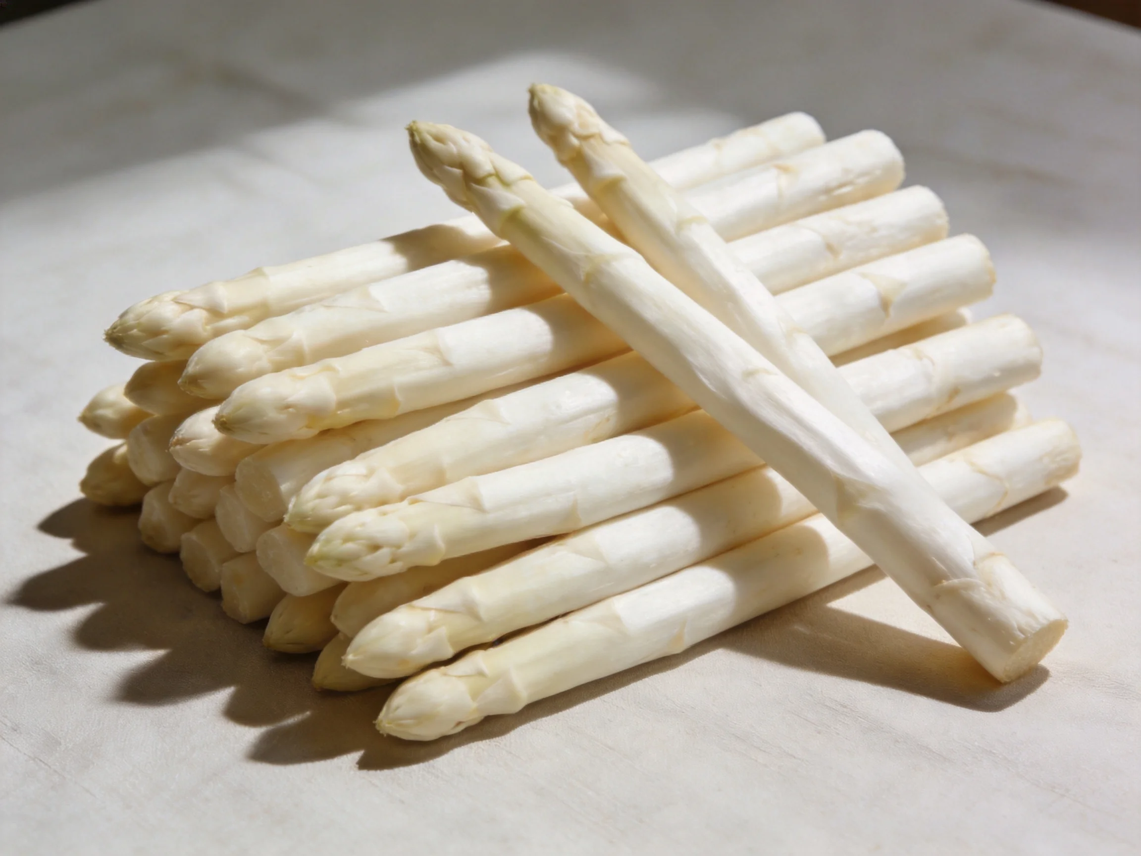 A neatly stacked pile of fresh white asparagus spears