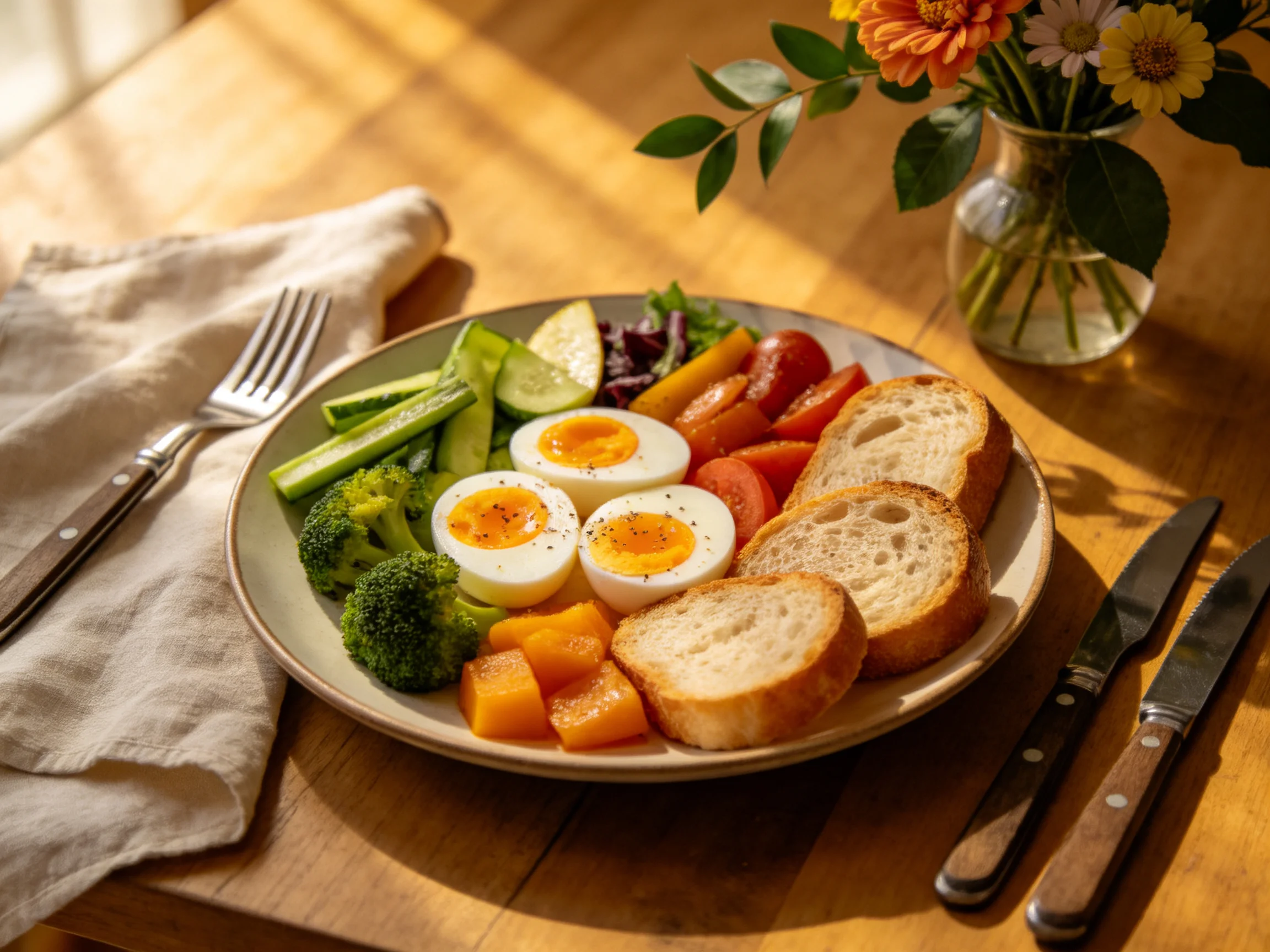 A nutritious breakfast plate with eggs, vegetables, and bread on a wooden table