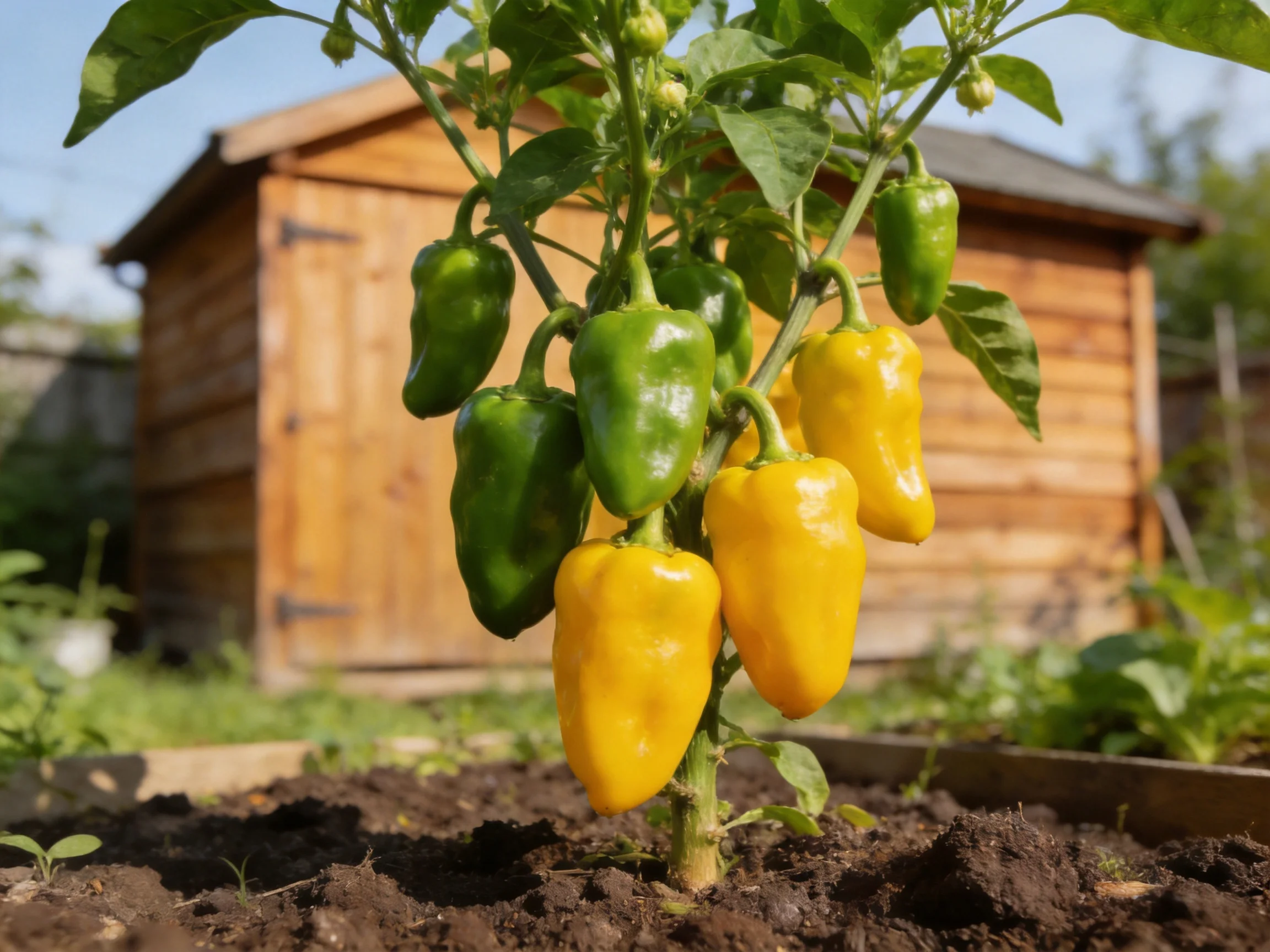 A pepper plant bears green and yellow peppers next to a wooden shed