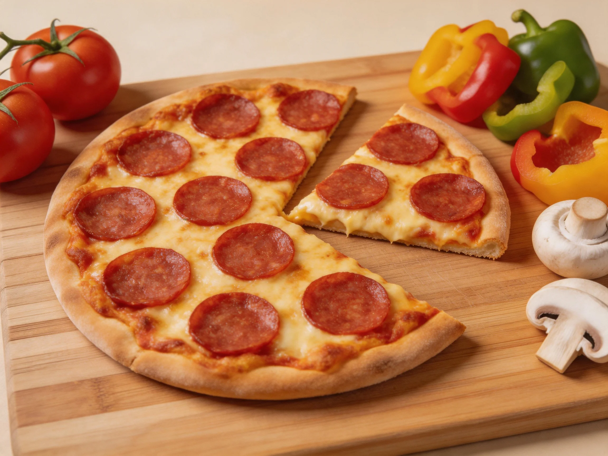 A pepperoni pizza with one slice removed, surrounded by fresh tomatoes, bell peppers, and mushrooms
