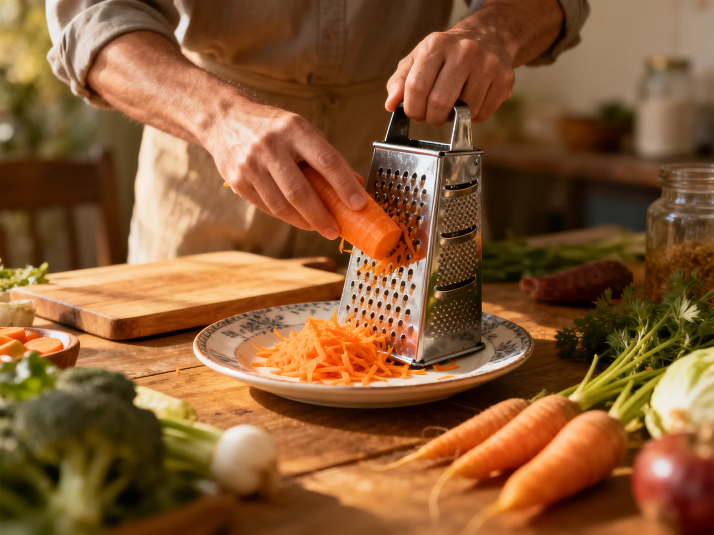 A person grating orange carrot strips with metal box grater