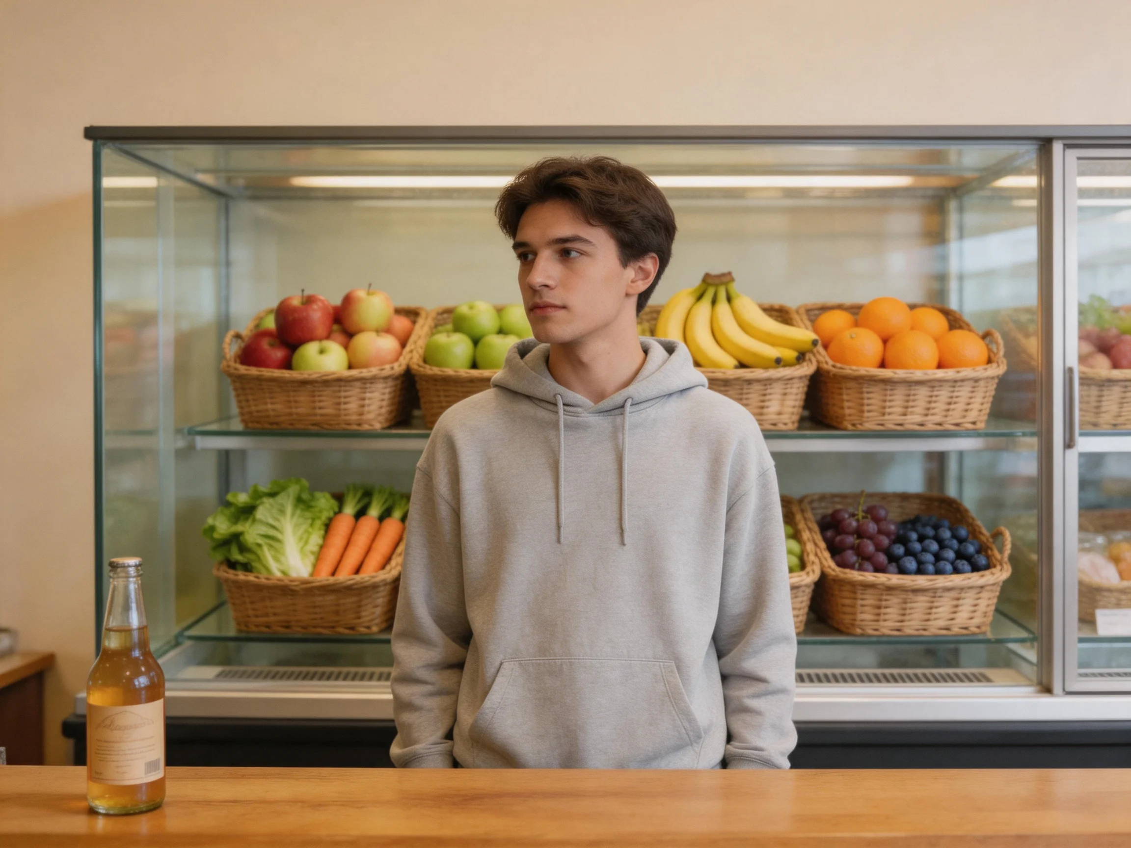 A person in a gray hoodie stands before a glass display case with baskets of fruits and vegetables