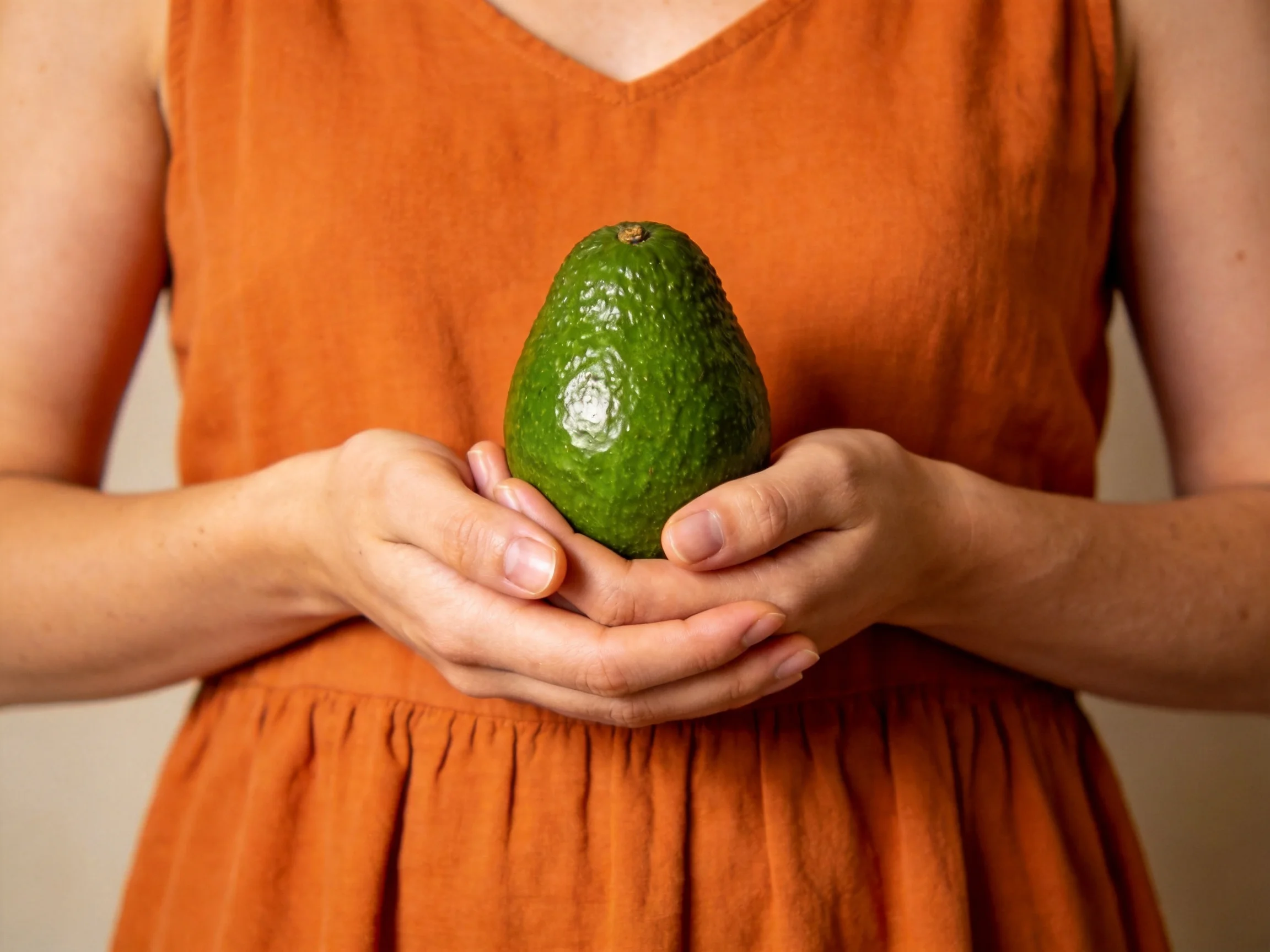 A person in an orange dress cradles a large green avocado