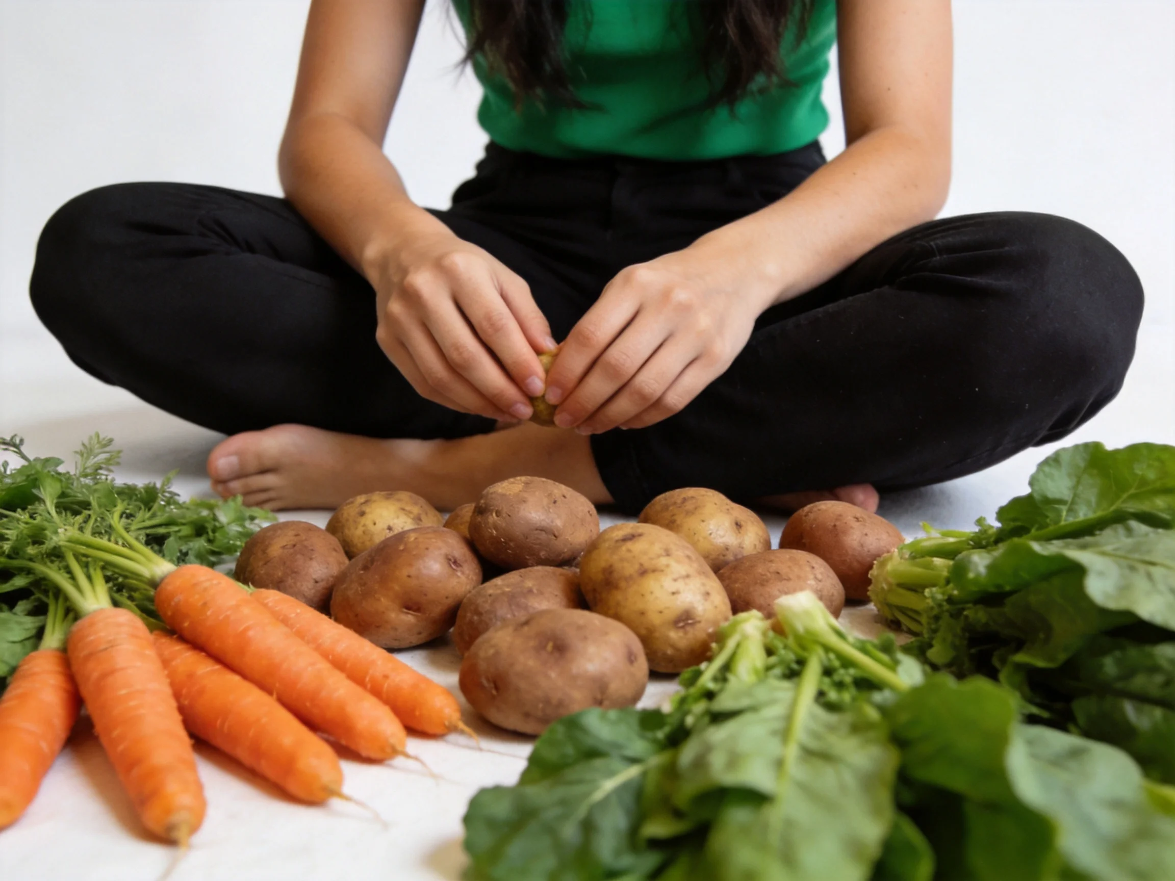 A person peeling potatoes among fresh carrots, potatoes, and leafy greens