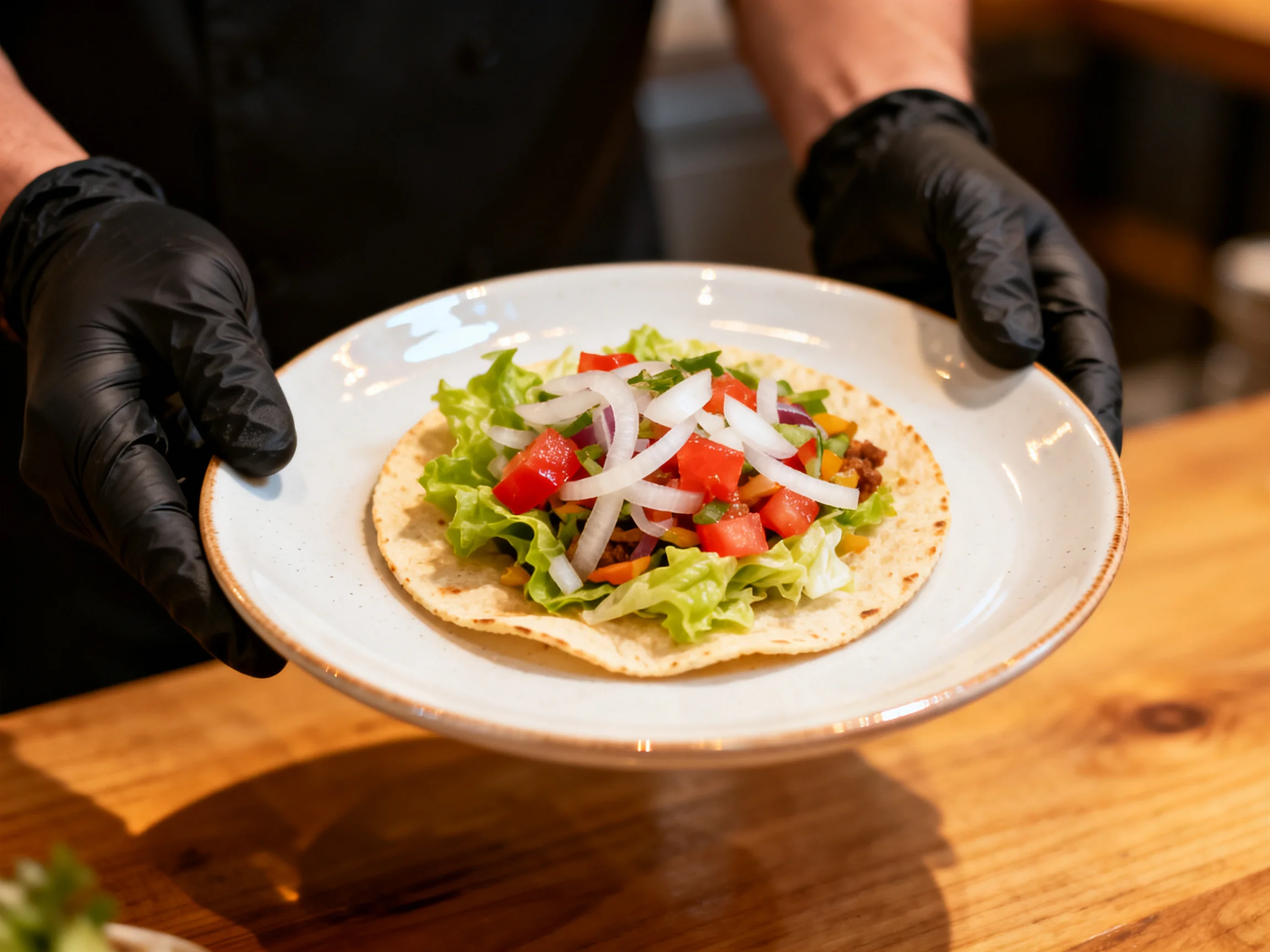 A person presenting a colorful taco with fresh vegetables
