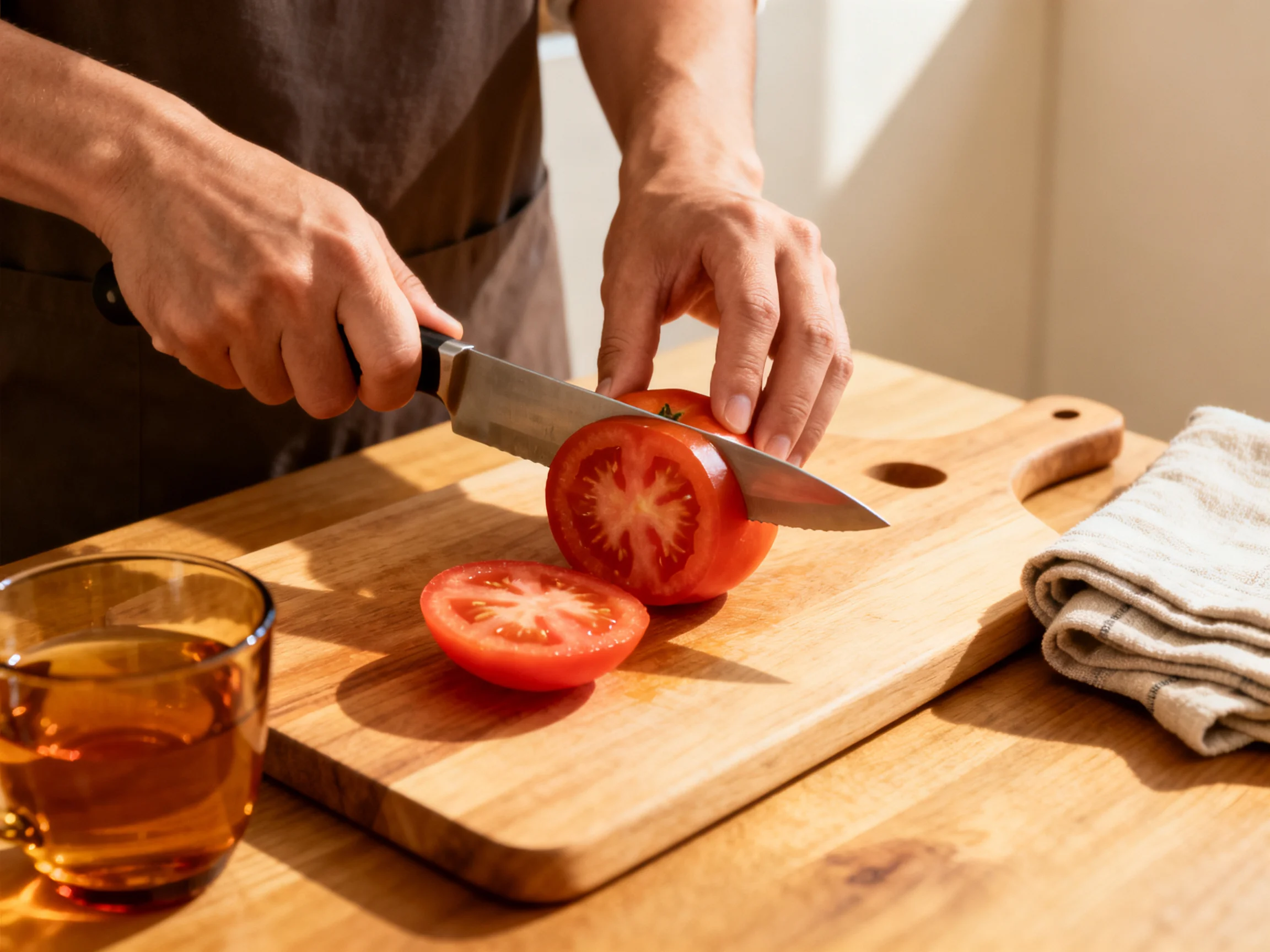 A person slicing a bright red tomato on a wooden cutting board with an amber drink nearby
