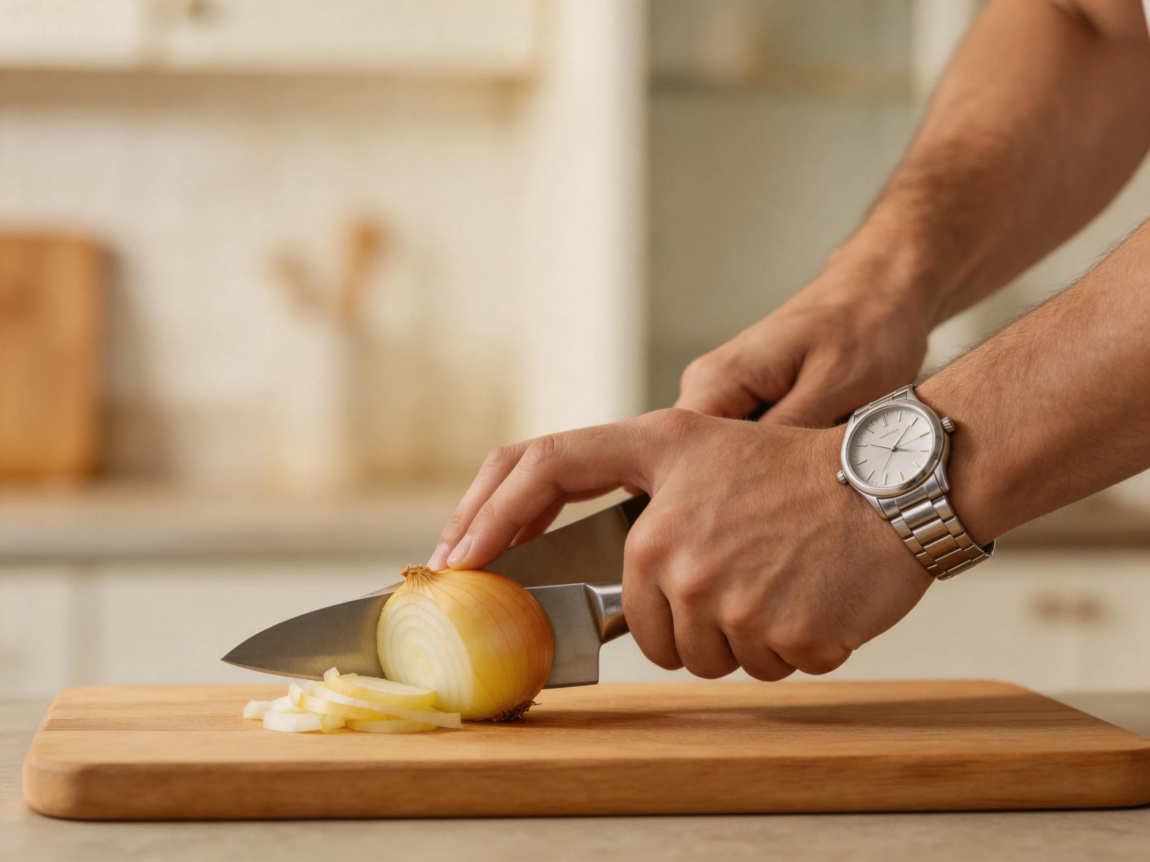 A person slicing a golden onion with a sharp knife on a wooden cutting board
