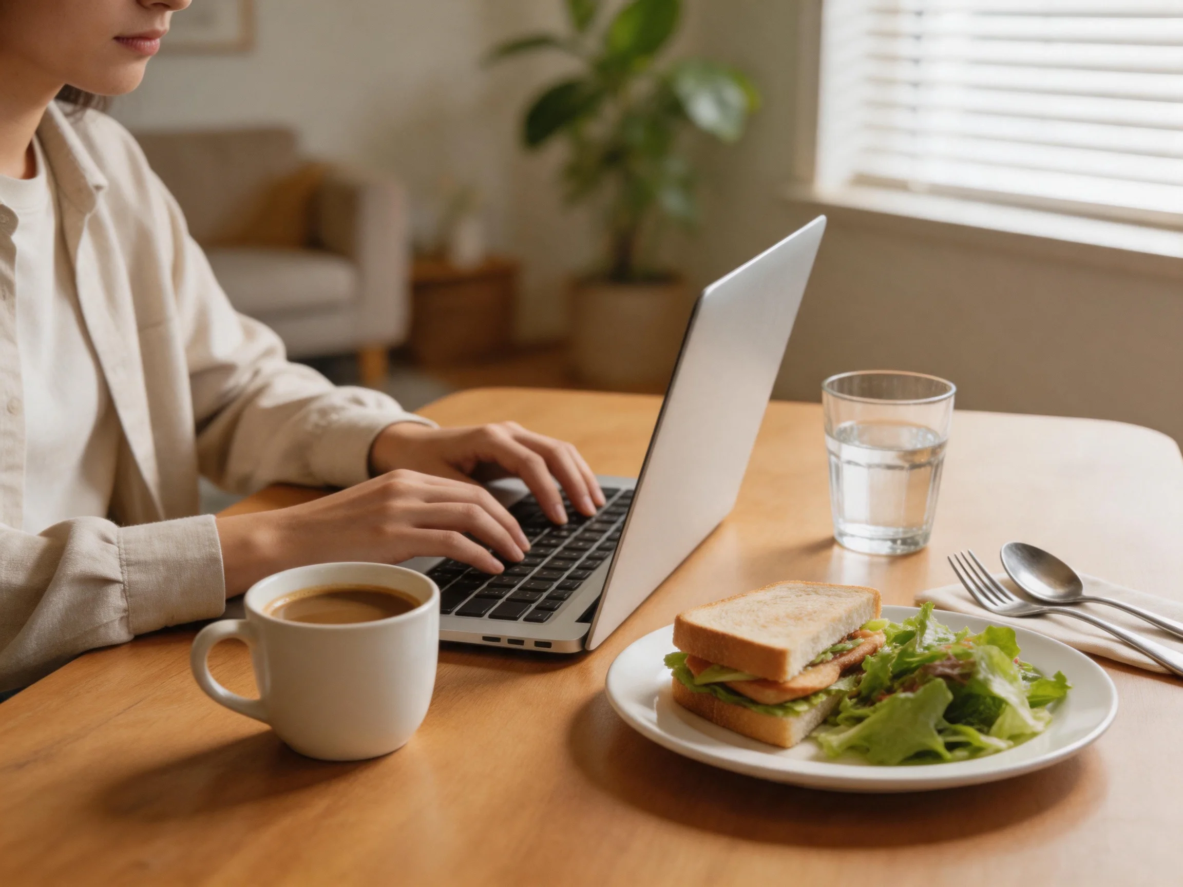 A person works on a laptop with sandwich, coffee, and water on a wooden table