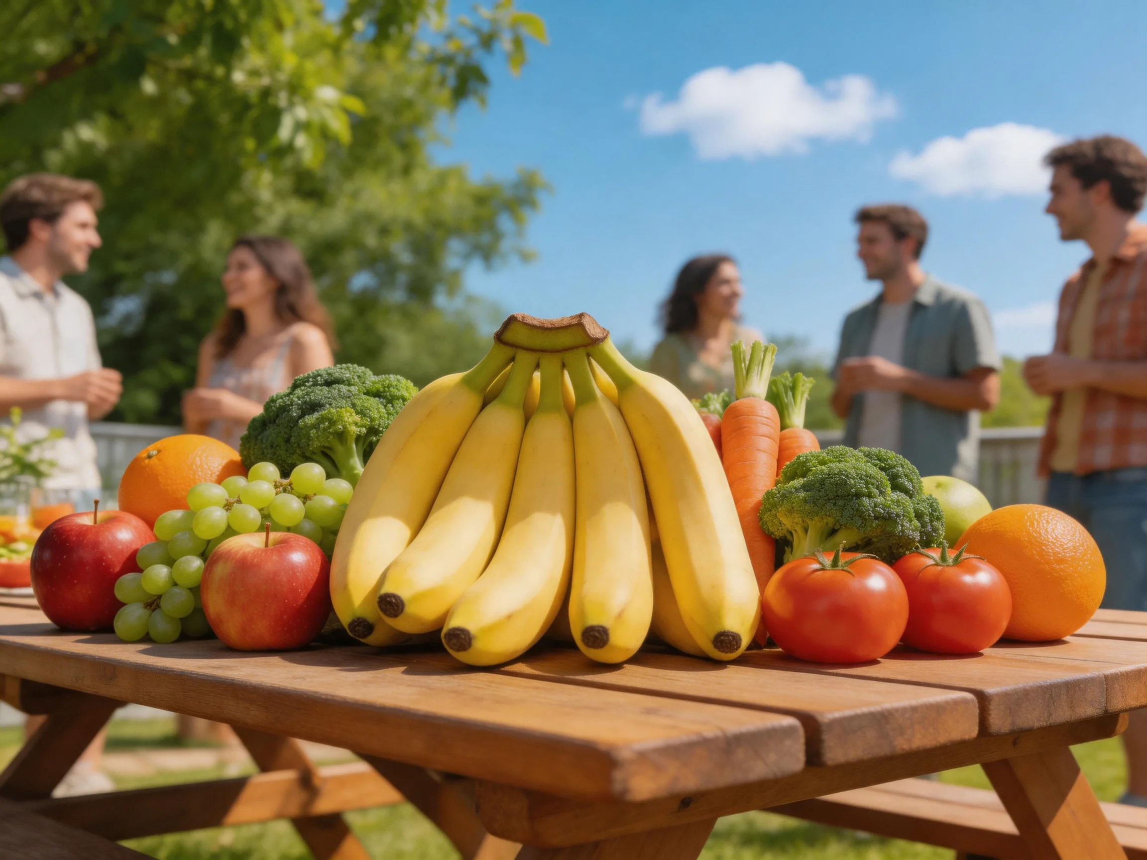 A picnic table loaded with colorful fruits and vegetables under sunny skies