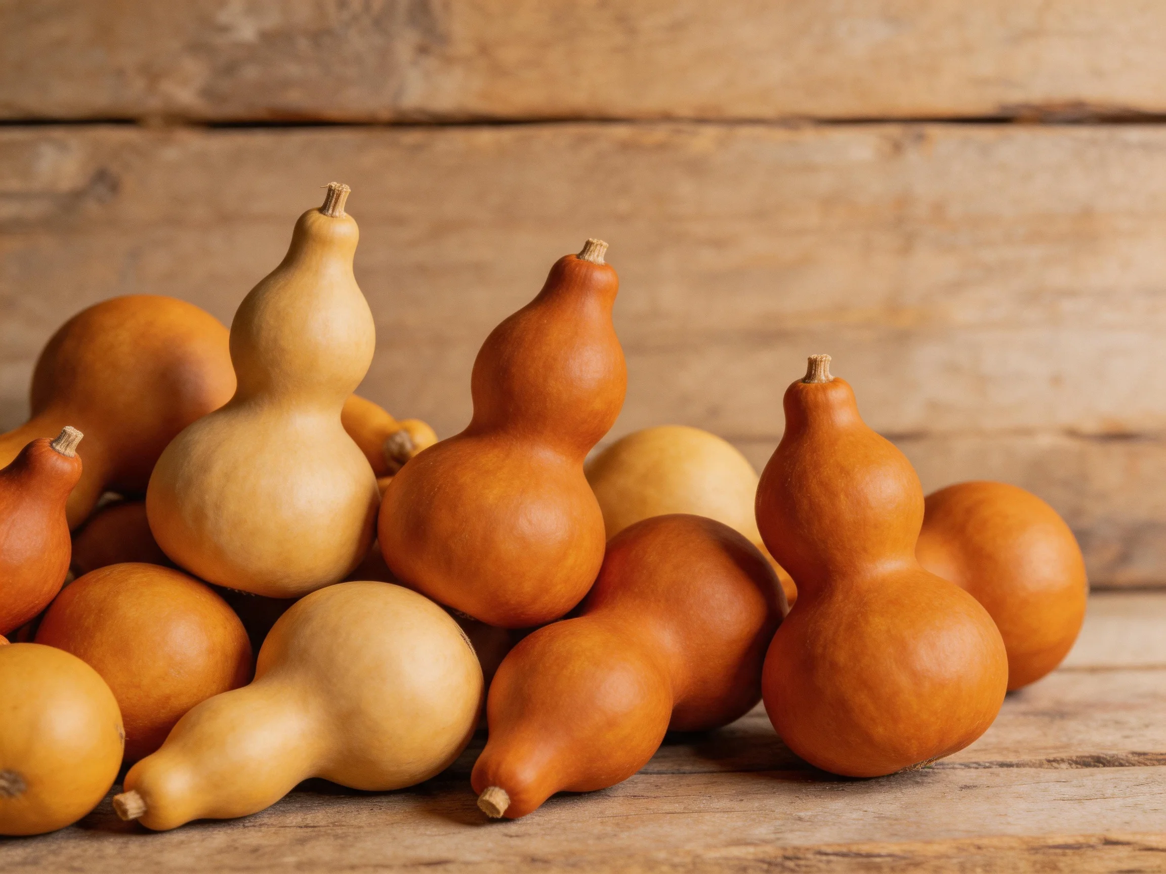 A pile of assorted brown, beige, and orange gourds on a wooden surface