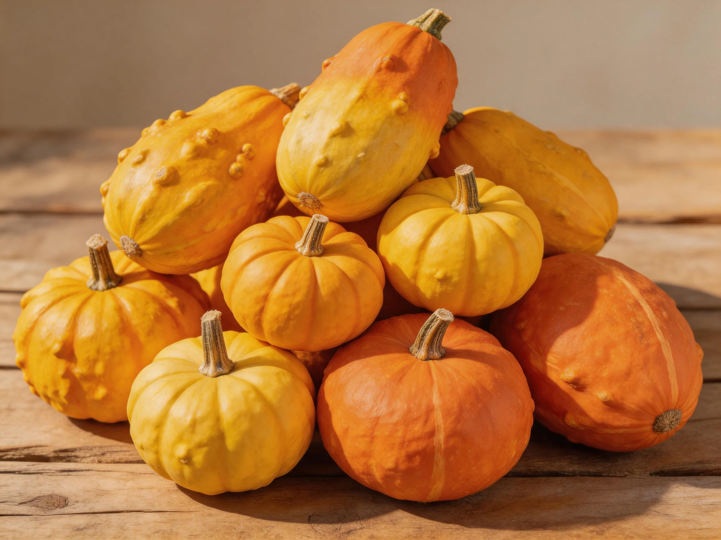 A pile of assorted orange and yellow gourds stacked on a wooden table