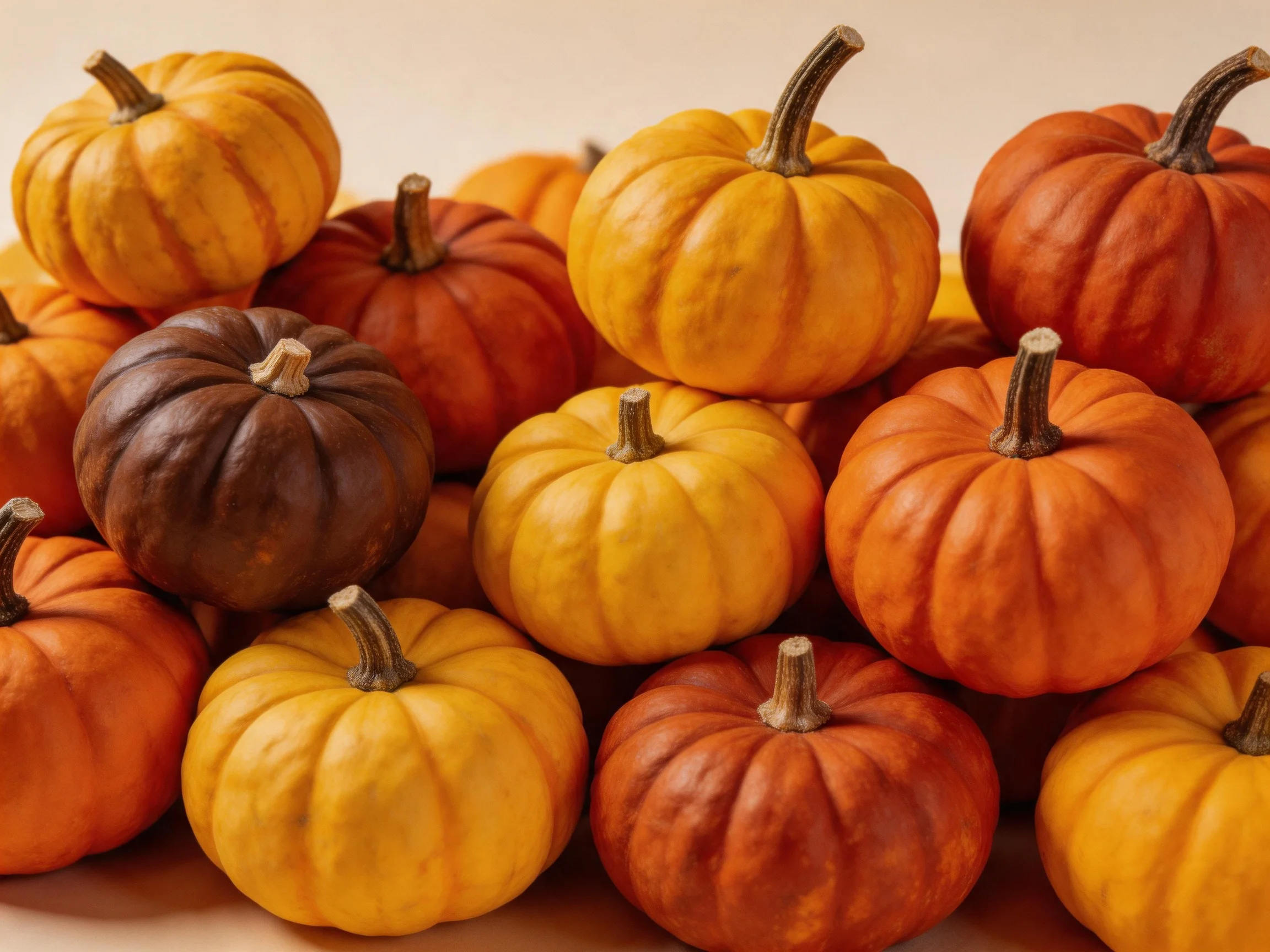 A pile of assorted-sized pumpkins in orange, yellow, and dark brown hues