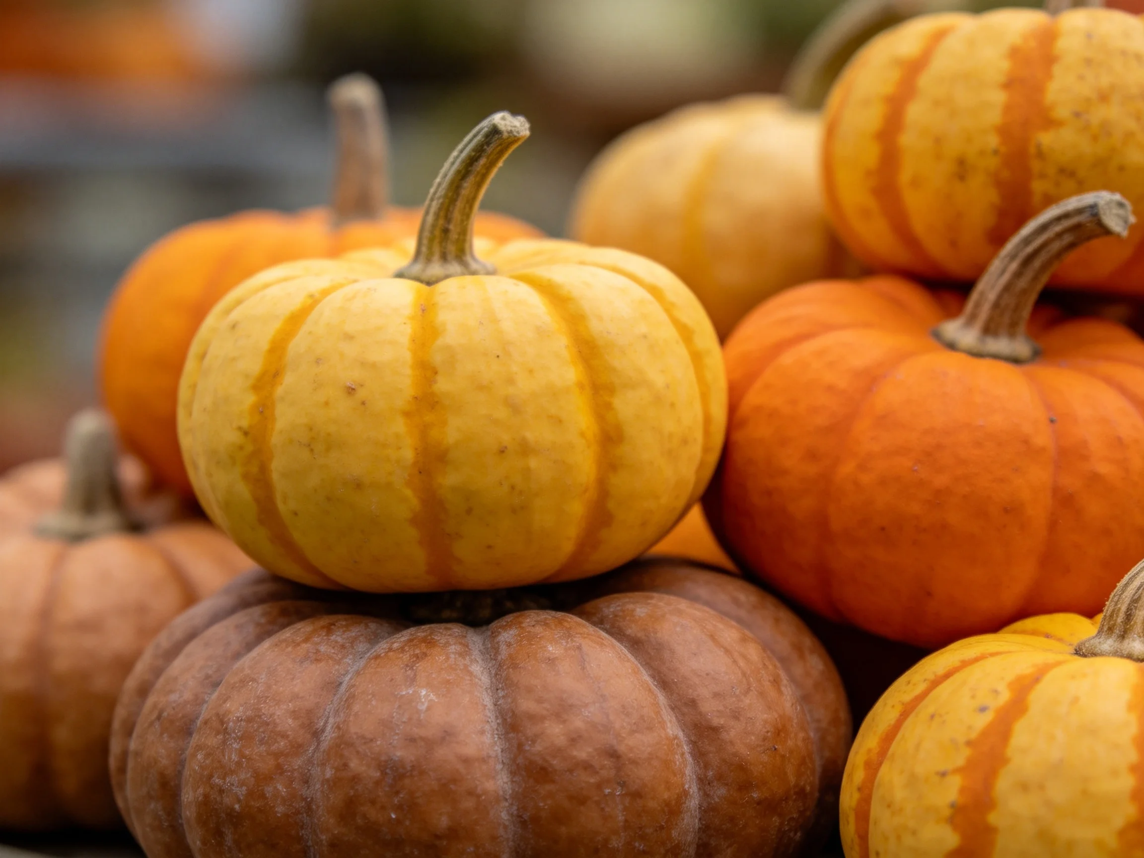 A pile of assorted small pumpkins in yellow, orange, and brown