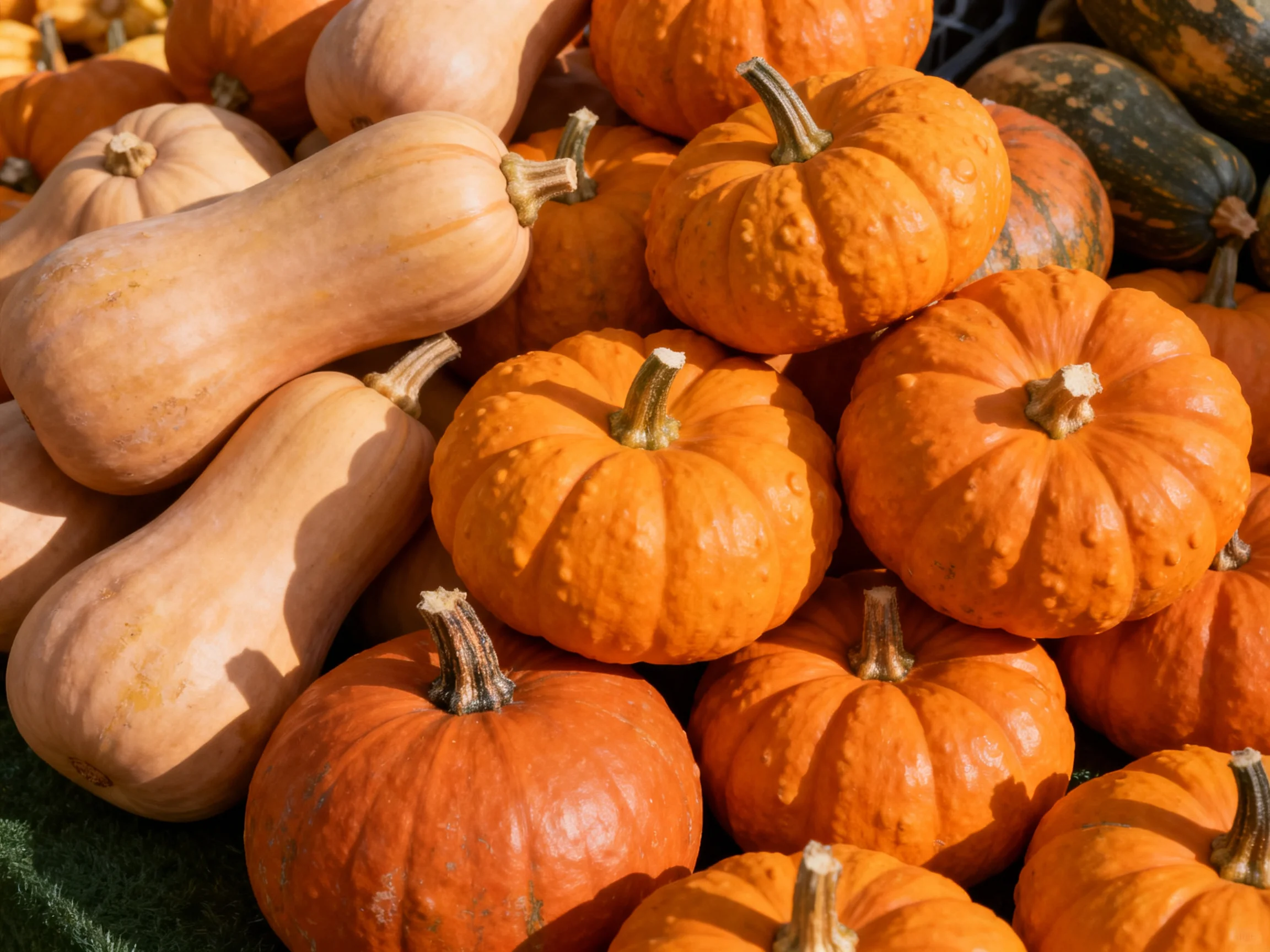 A pile of assorted squash and small pumpkins in vibrant autumn hues
