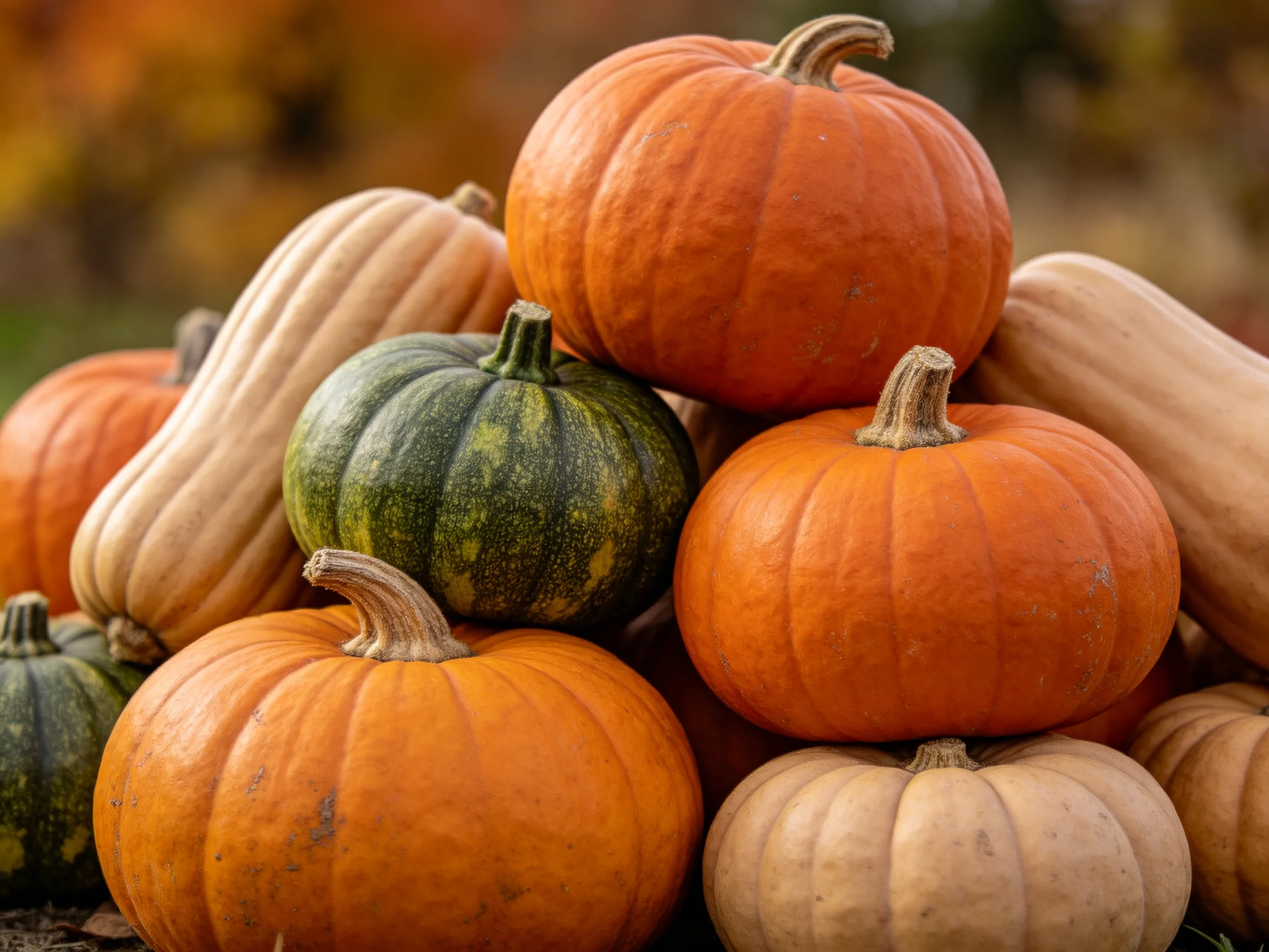 A pile of assorted squashes and pumpkins in autumnal colors