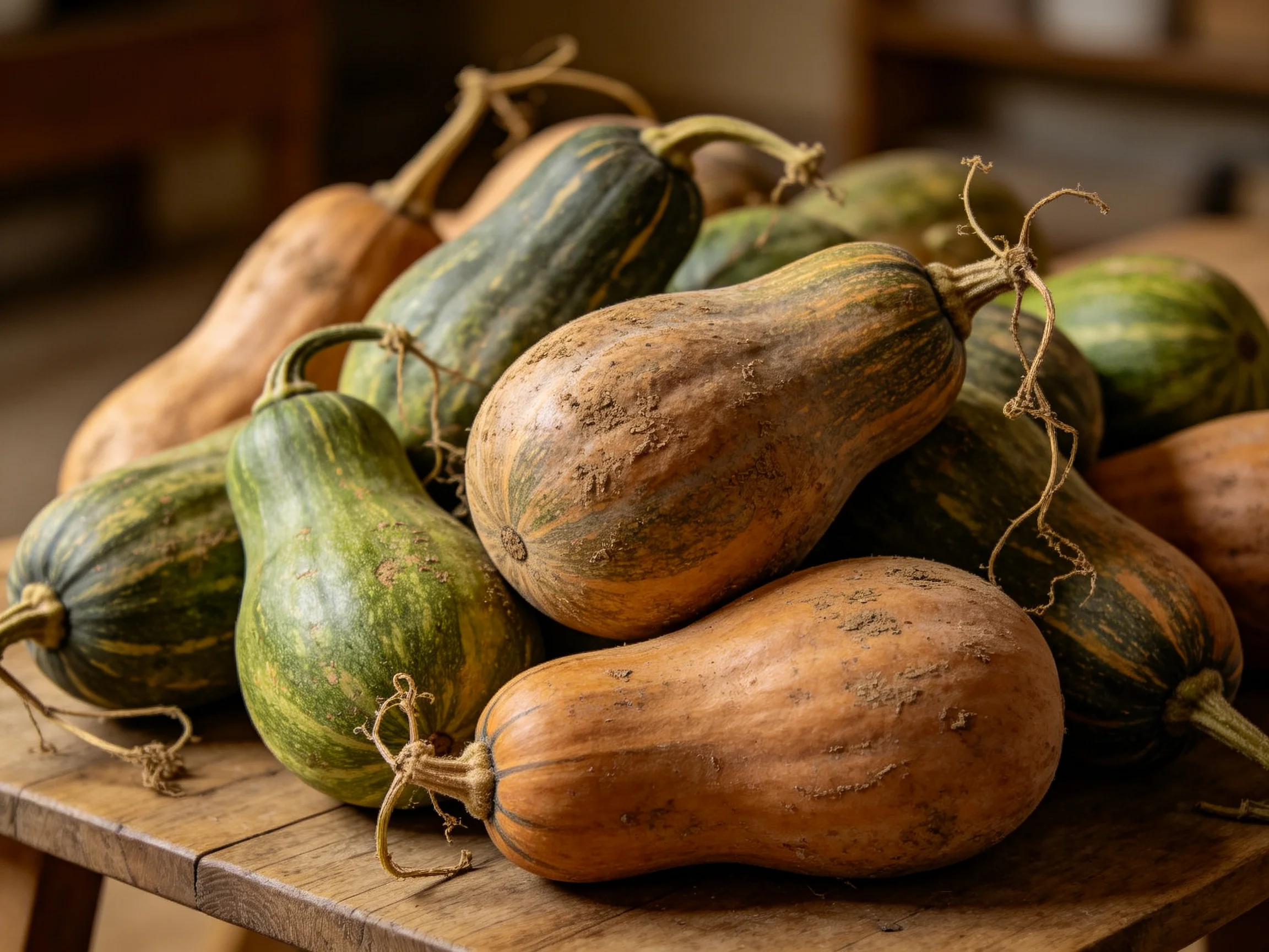 A pile of assorted winter squashes in earthy tones on a wooden surface