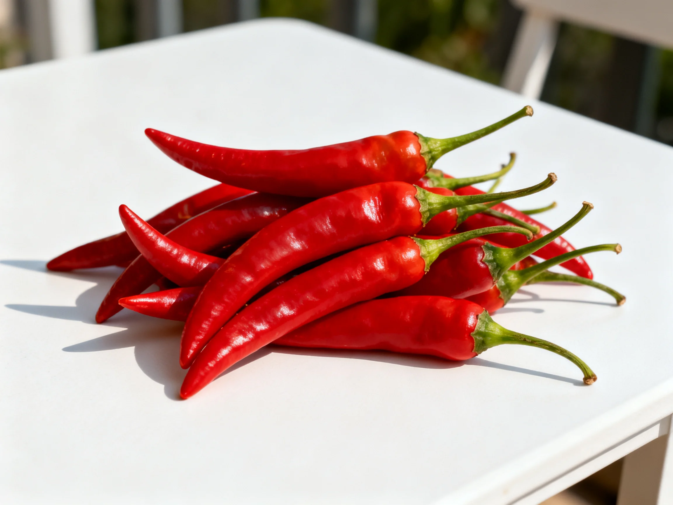 A pile of bright red chili peppers on a white table