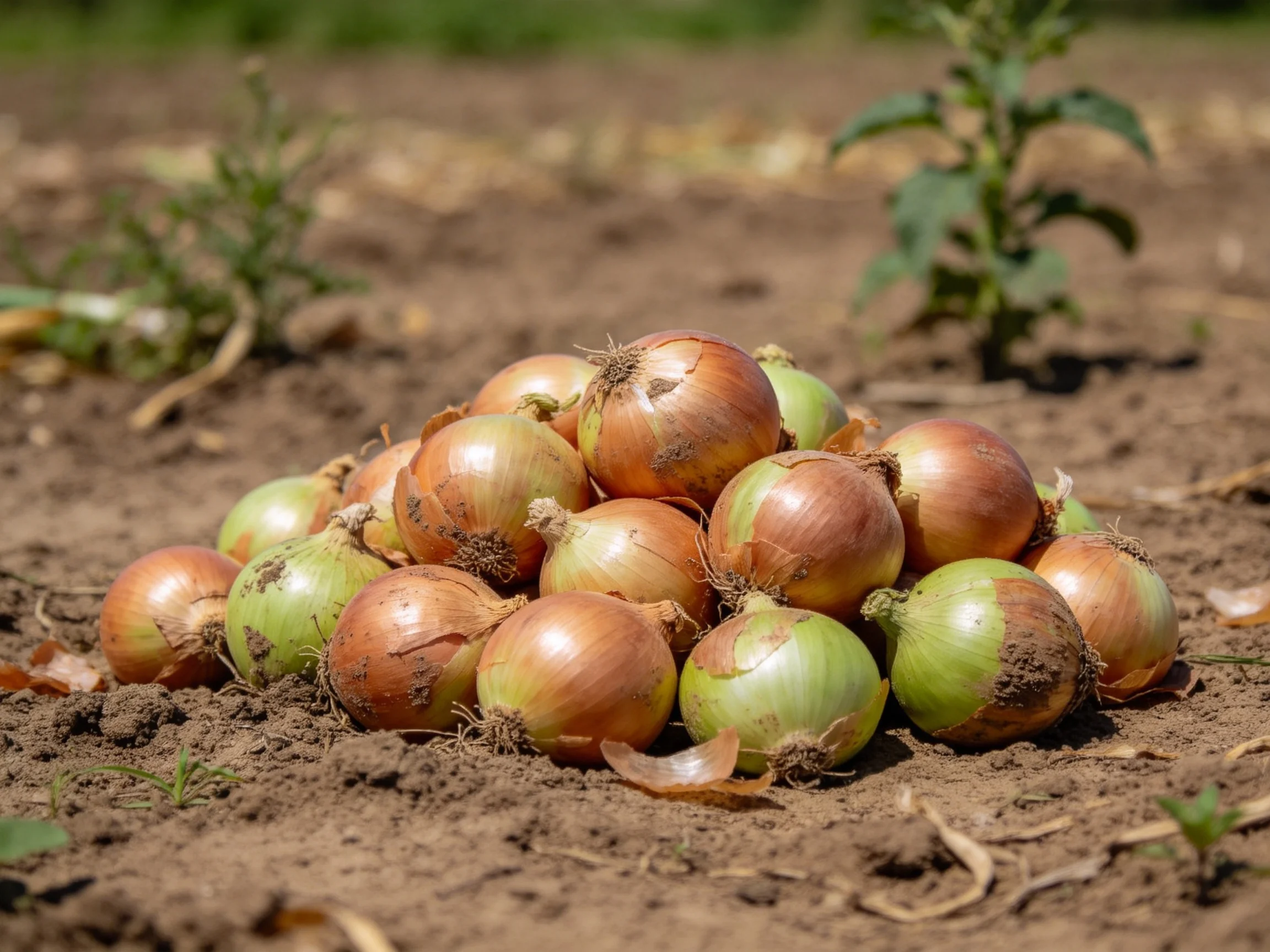 A pile of brown and green onions on tilled farm soil