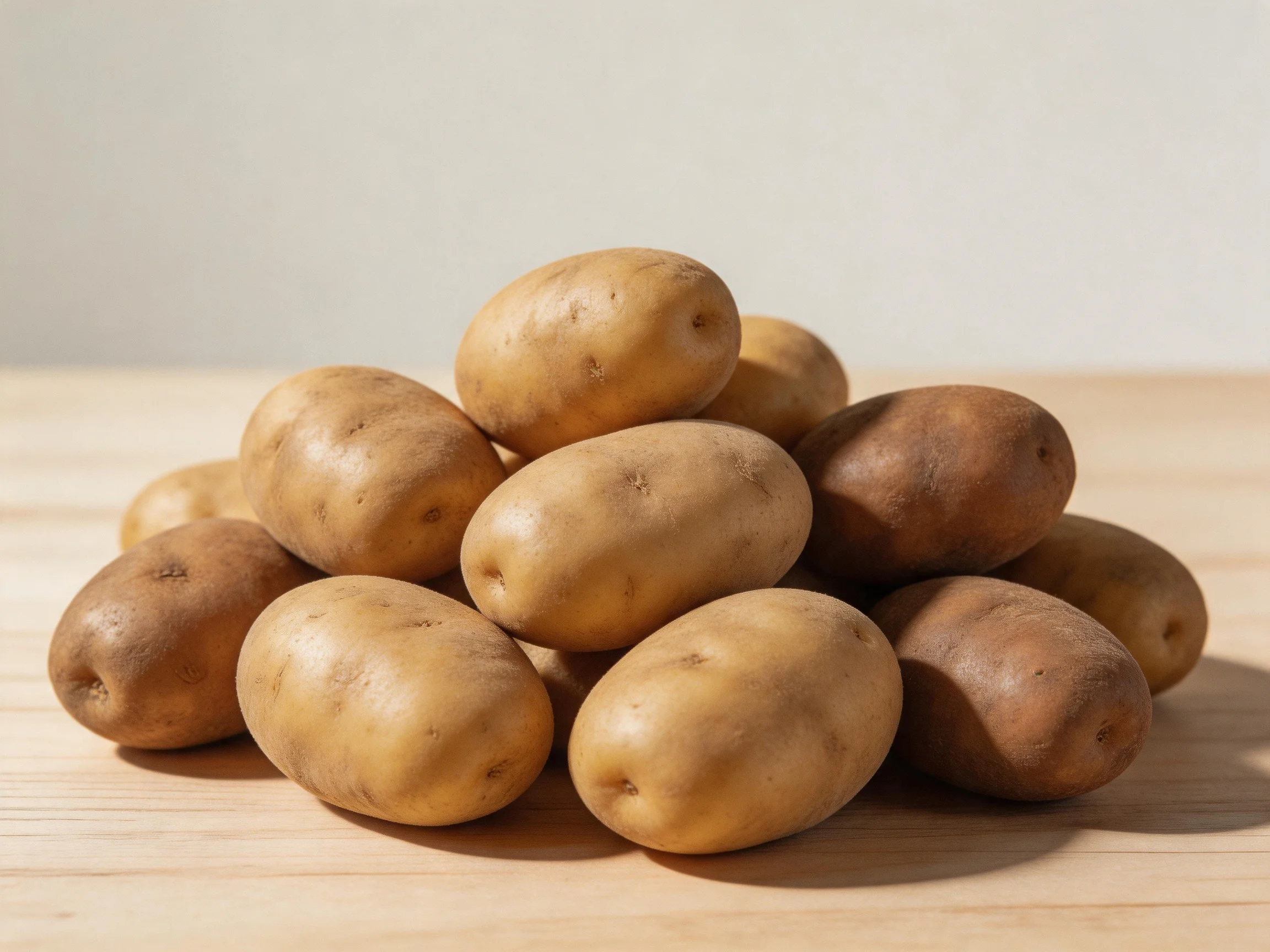 A pile of brown and tan potatoes stacked on a light wooden table