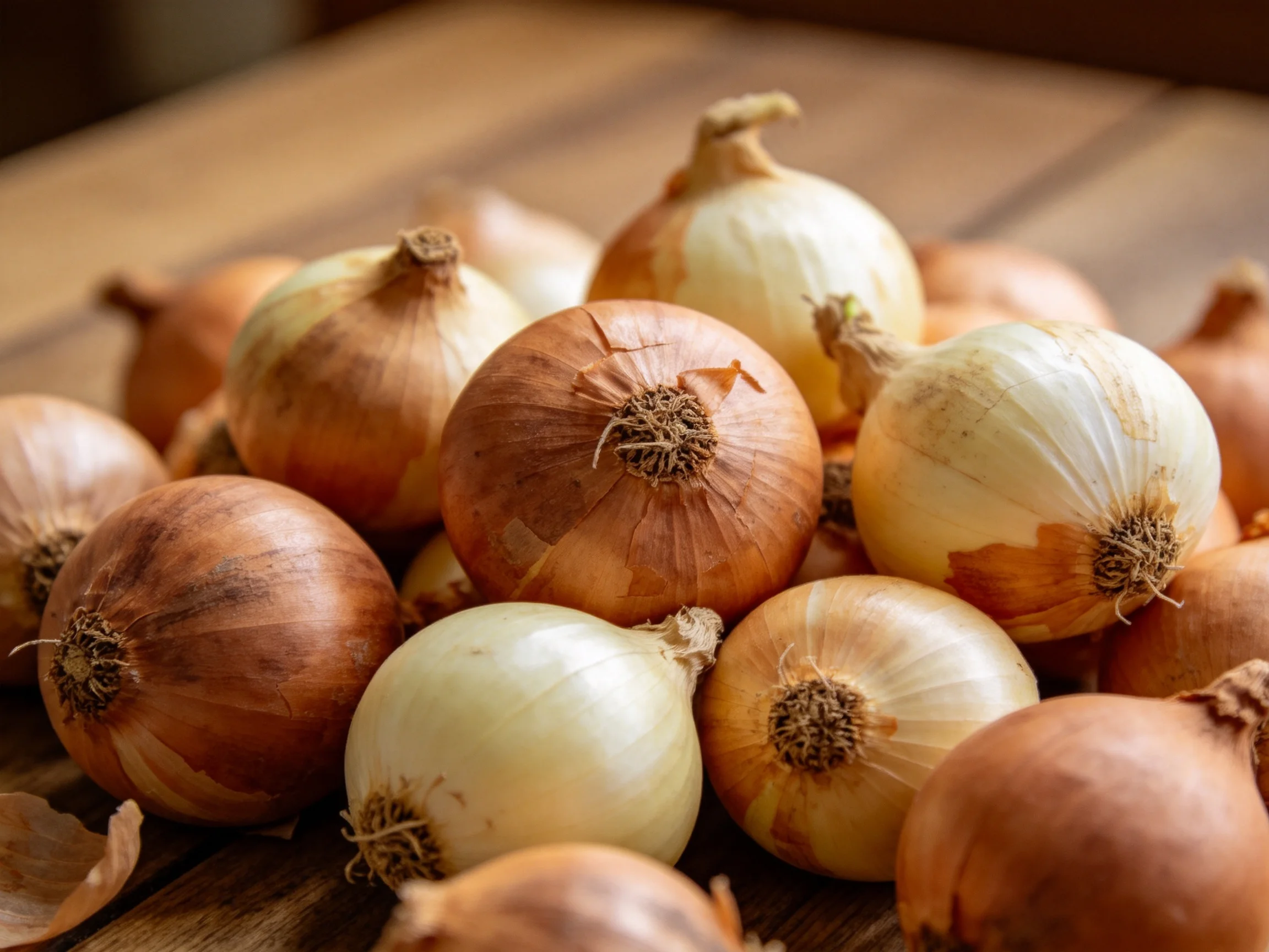A pile of brown and white onions arranged on a wooden surface