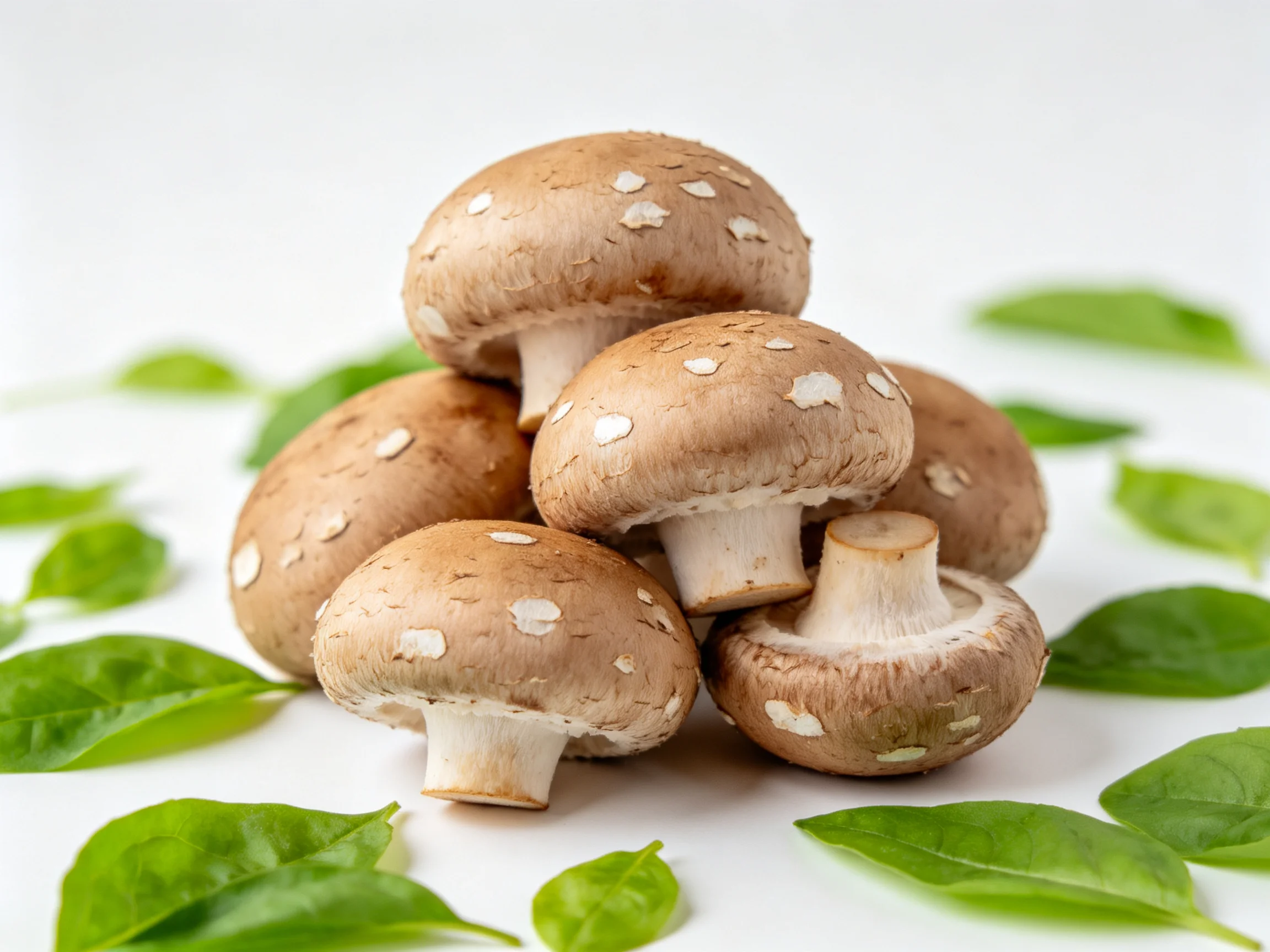 A pile of brown-capped mushrooms with white spots and fresh green leaves