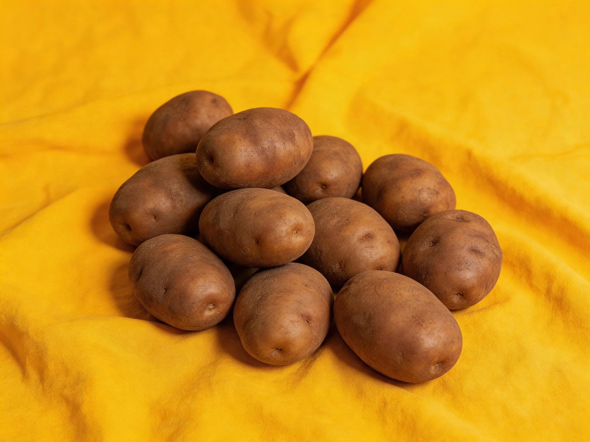 A pile of brown potatoes arranged on a bright yellow fabric