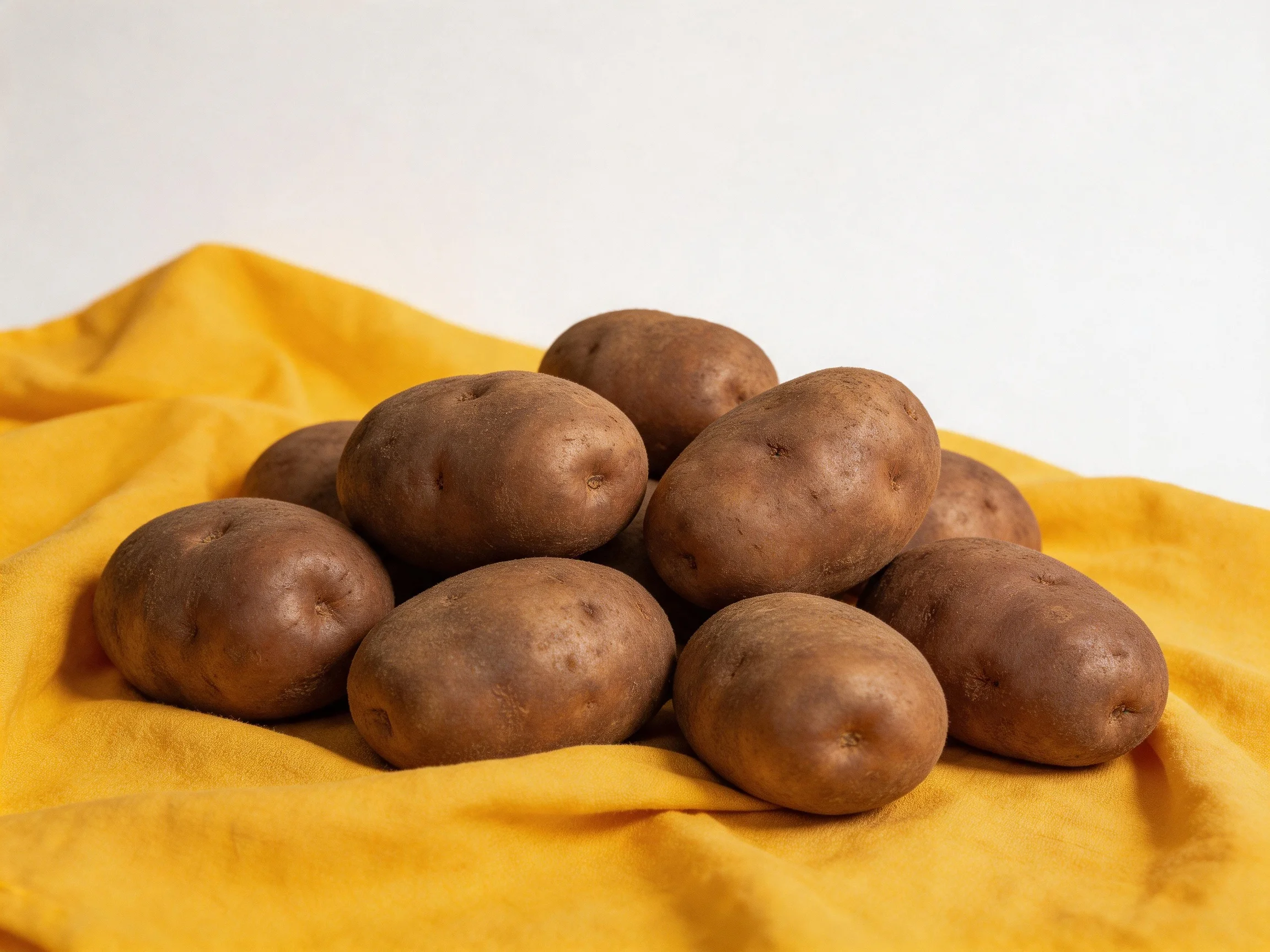 A pile of brown potatoes arranged on a bright yellow fabric